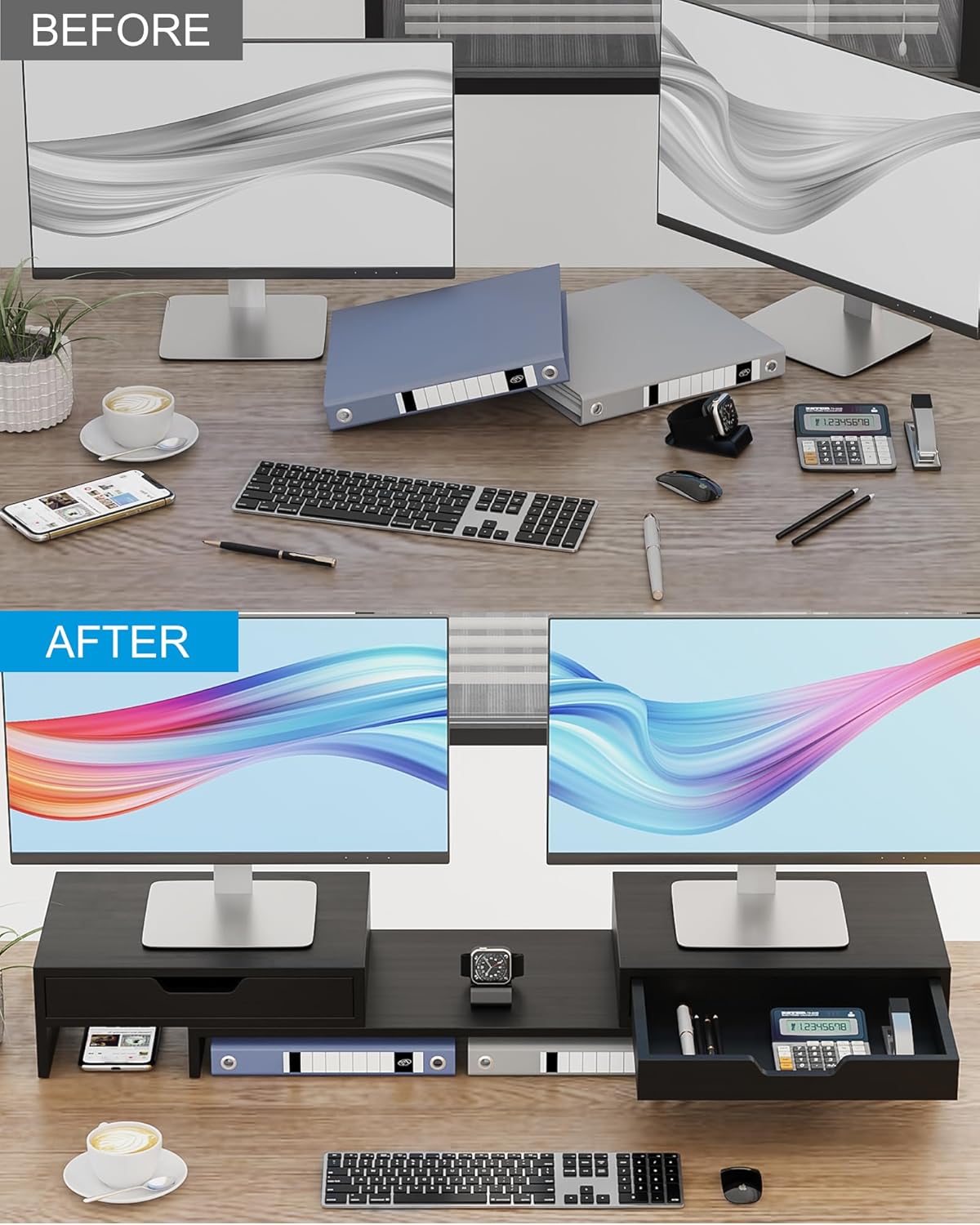 Epesoware Soporte de monitor con 2 cajones para escritorio, soporte de bambú para monitor doble con almacenamiento, organizador de estante de