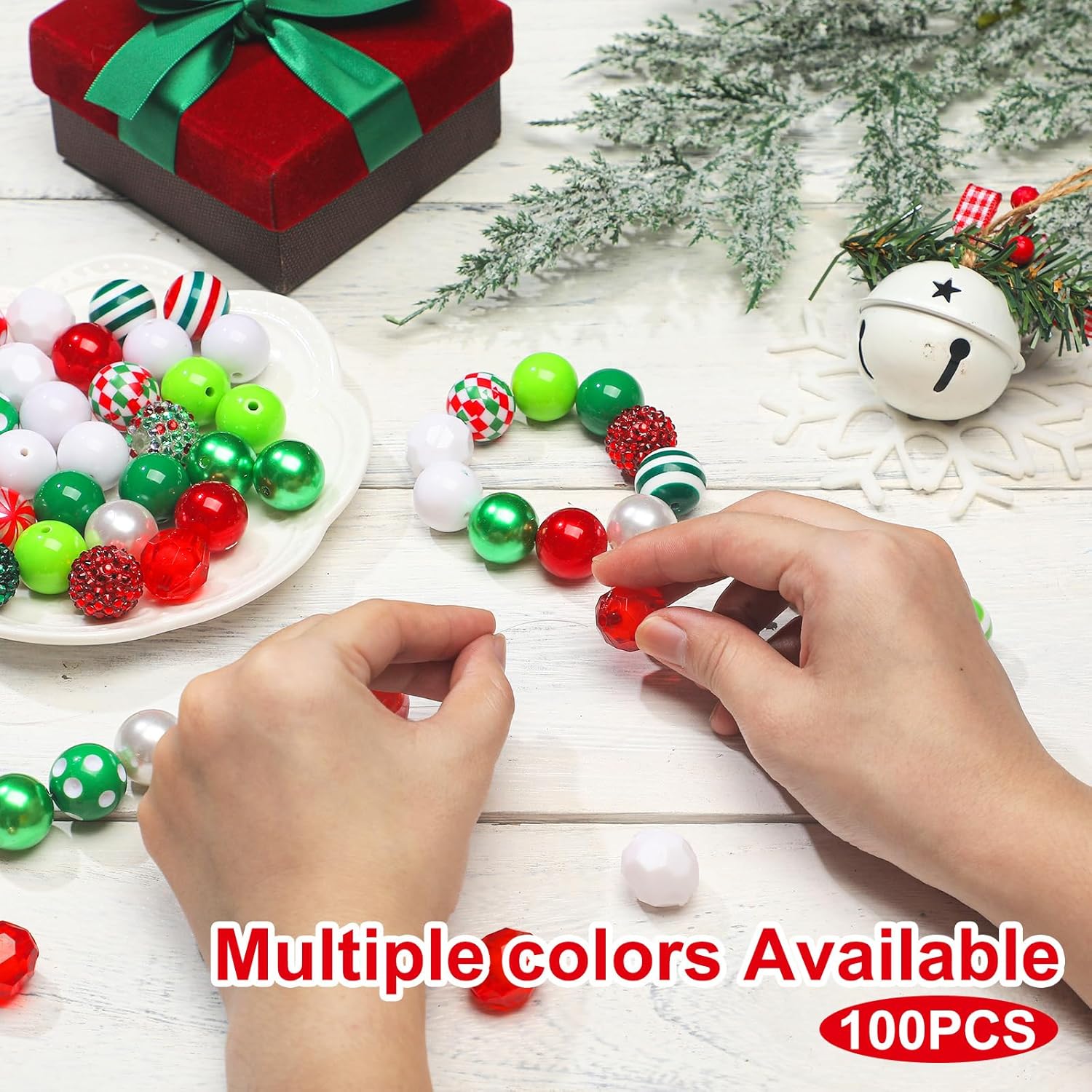 Poen Juego de 100 cuentas de Navidad de 0.78 pulgadas (0.787 in) con cuentas mixtas de Navidad para hacer joyas, cuentas gruesas de color rojo,