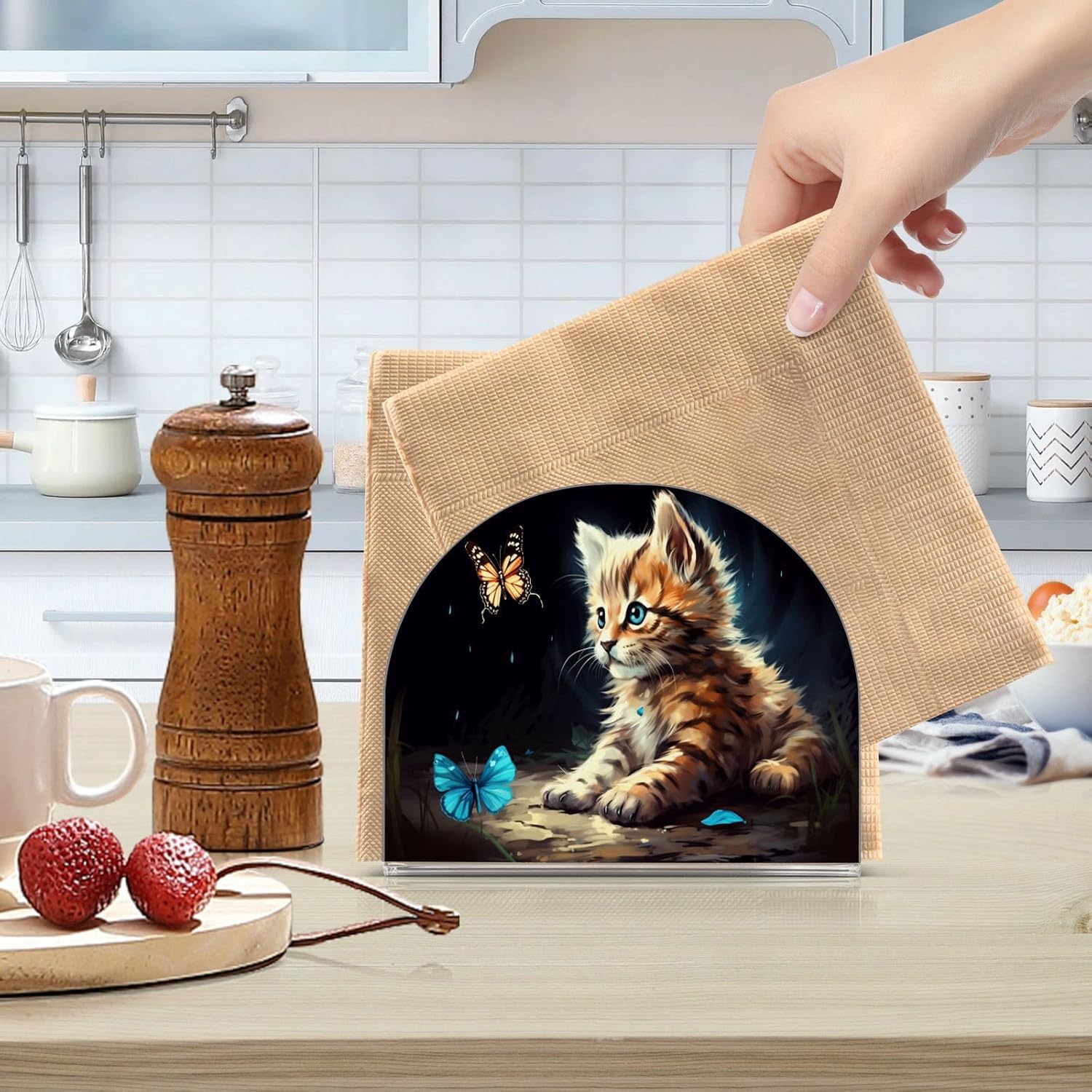 Cat Butterfly Napkin Holder for Table, Acrylic Upright Non Slip Tabletop Freestanding Tissue Paper Dispenser for Kitchen Restaurant Home Hotel Decor