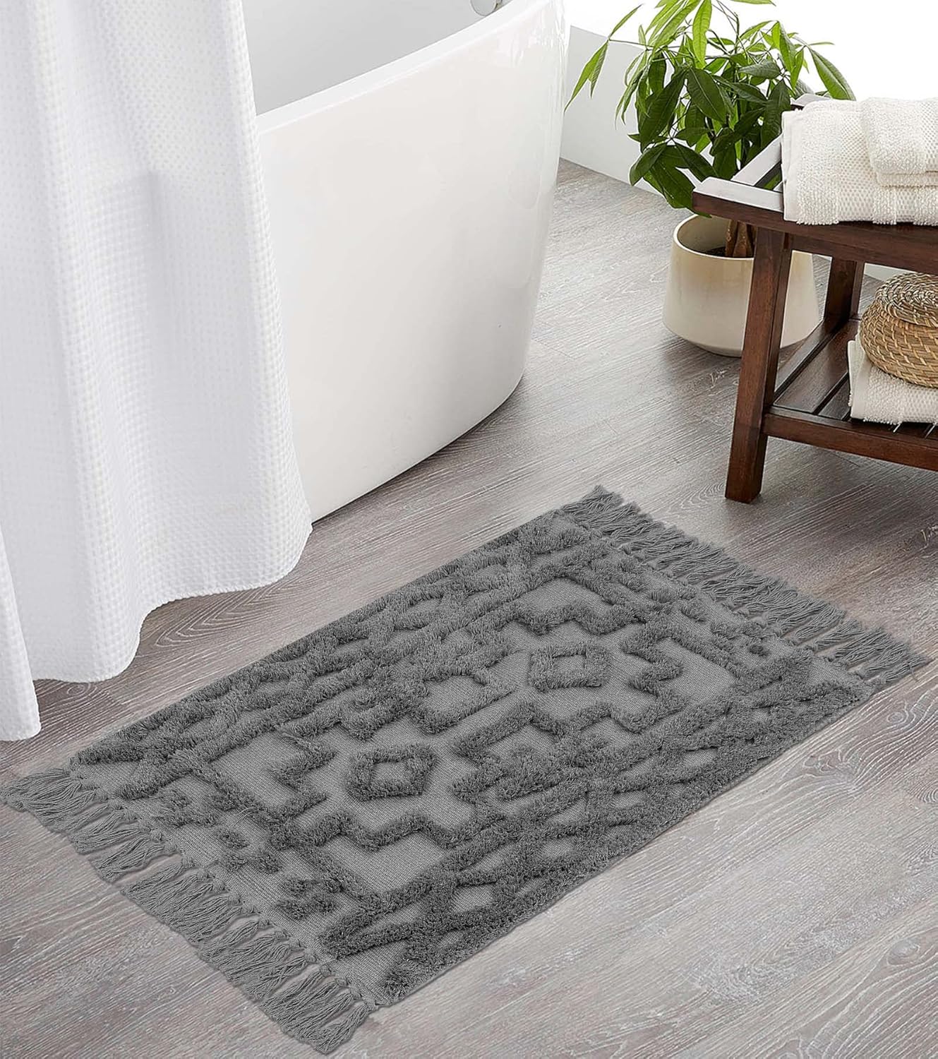 Uphome Alfombra de baño bohemia de 2 x 3 pies, alfombra marroquí copetuda con borlas, alfombra rústica de algodón tejida lavable para entrada,