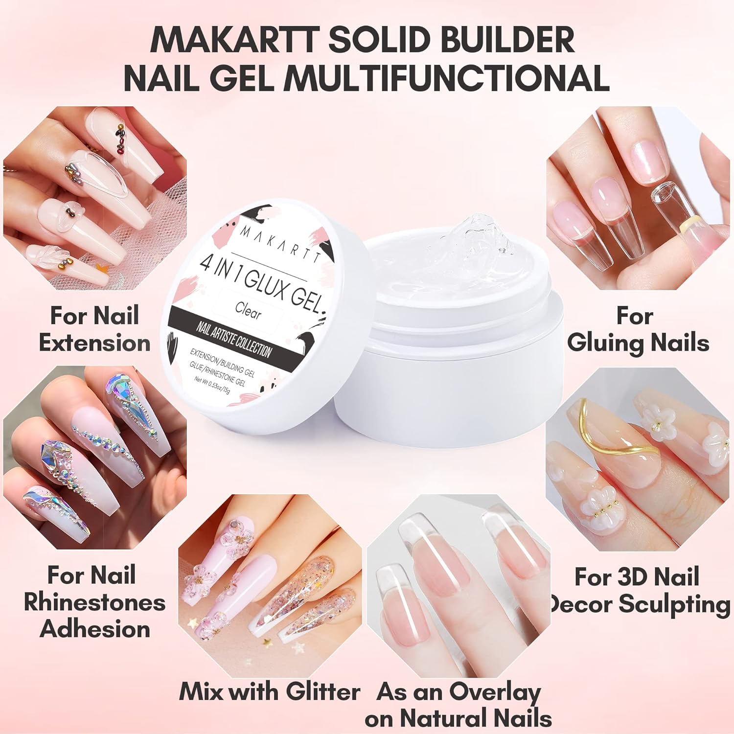 Makartt 4 en 1 Glux Gel Clear Solid Nail Extension Gel Constructor de Uñas Gel Constructor de Uñas de 0.5 fl oz UV Paquete de pegamento de uñas con