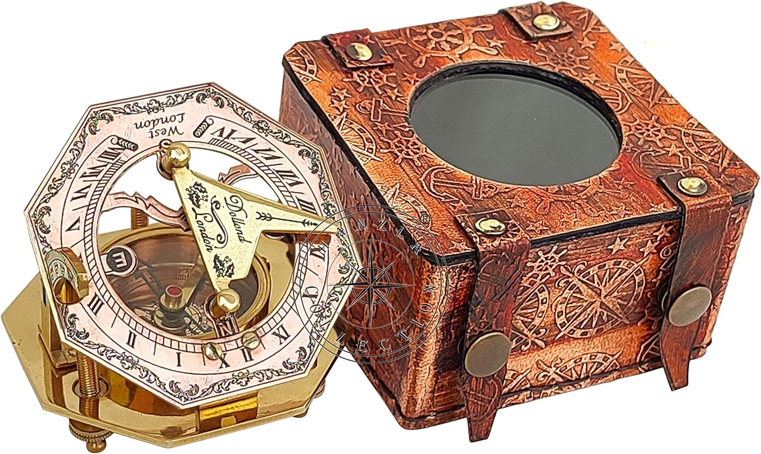 Brújula de reloj de sol de latón pulido y cobre, reloj de sol antiguo, reloj de sol en caja de cuero, regalo de réplica de barco