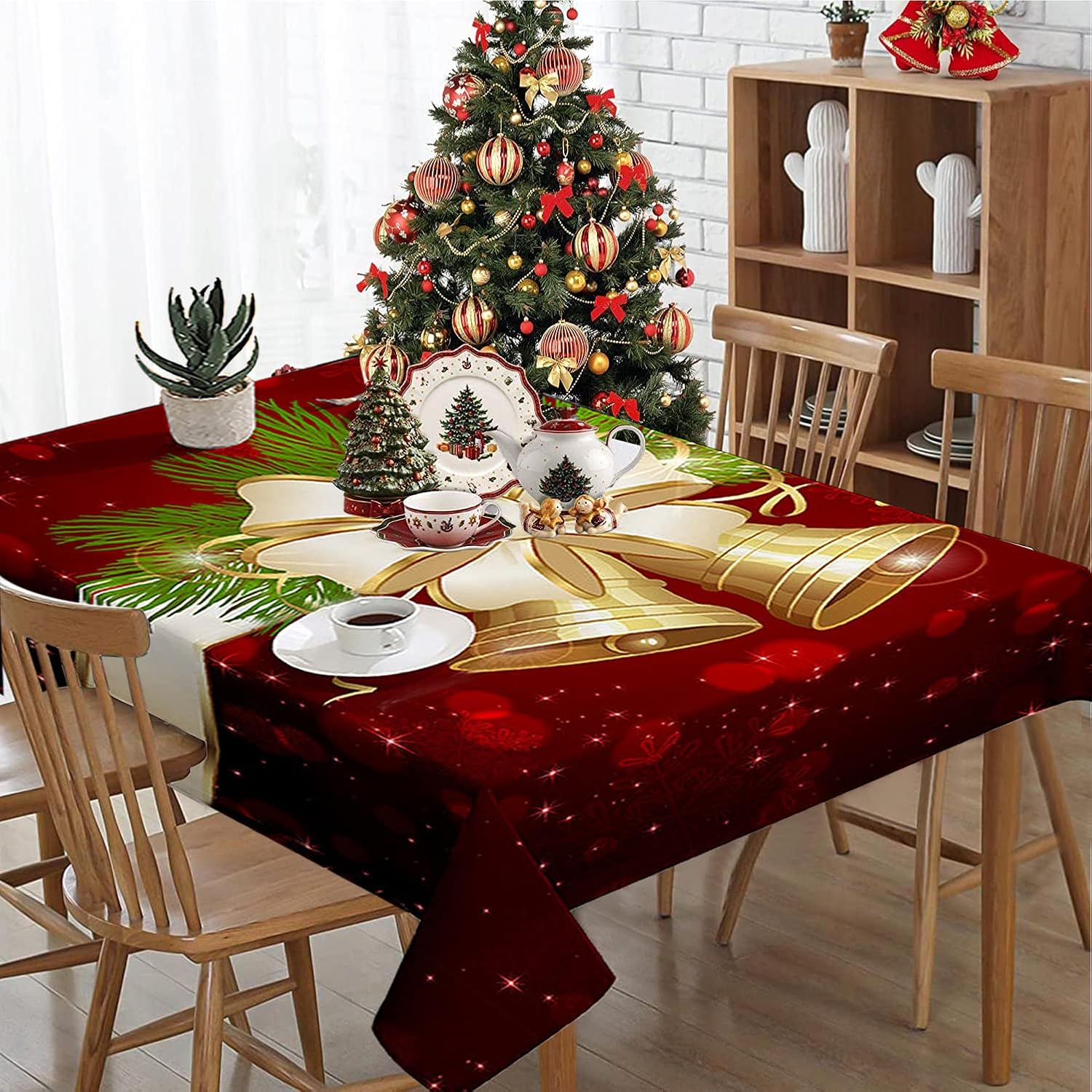 Mantel de Navidad rectangular con campanas de Navidad, resistentes al agua, resistente a las manchas, mantel de poliéster lavable para cena de