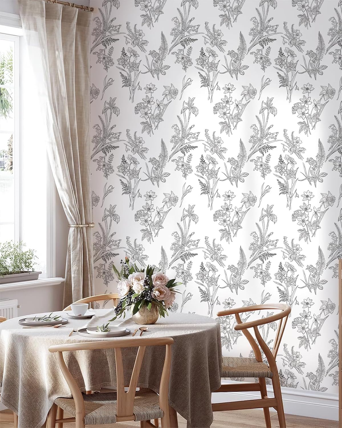 Papel tapiz floral en blanco y negro, papel de contacto floral para gabinetes, autoadhesivo, extraíble, para dormitorio, decoración moderna de pared
