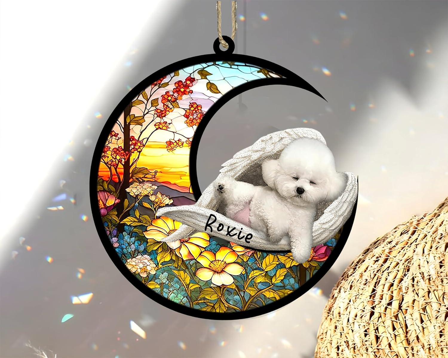 Atrapasoles personalizado para perros Bichon Frise, adorno de Navidad con nombre, atrapasueños de mascotas, regalos para los amantes de los perros,