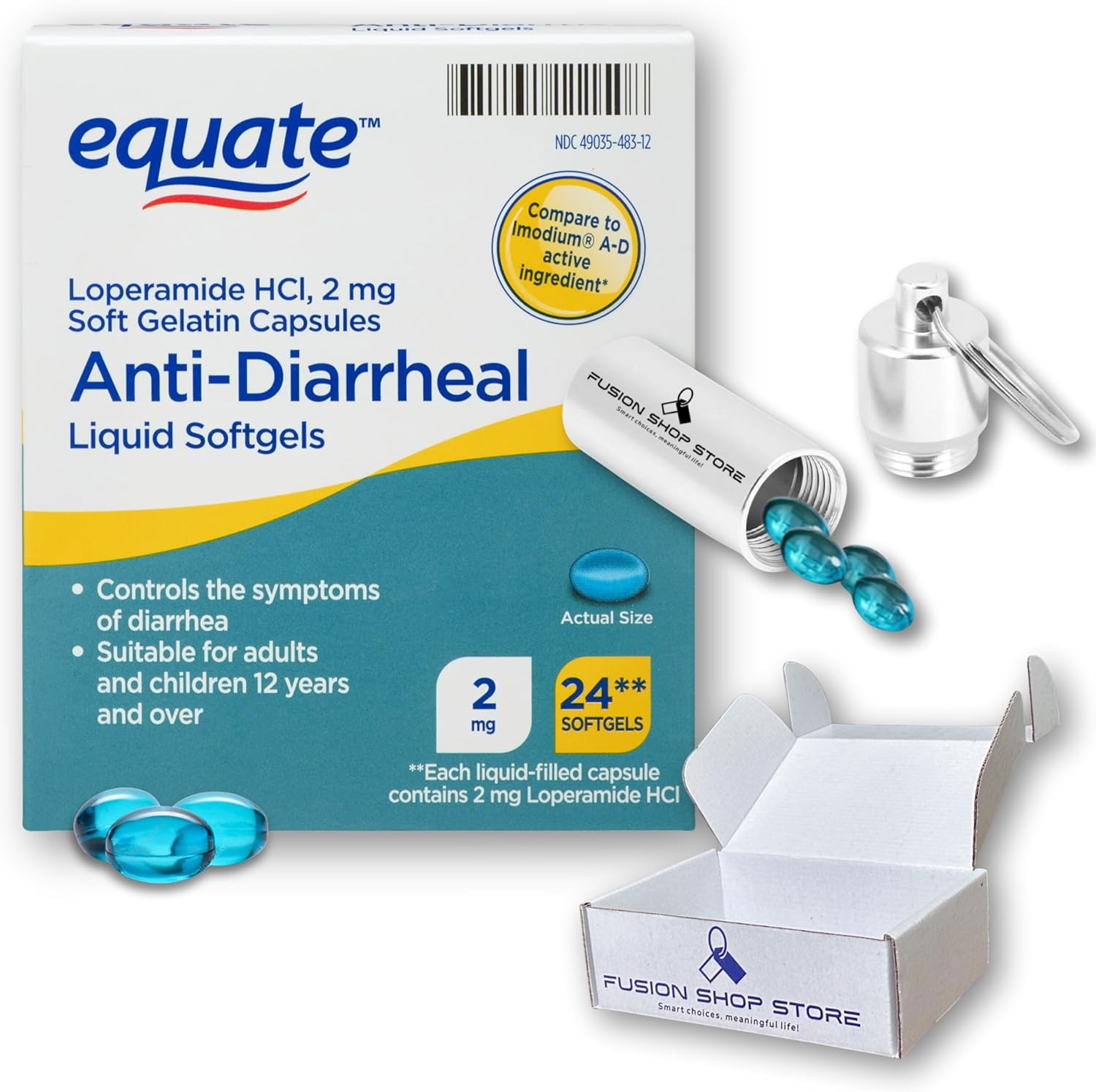 Equate Loperamide Softgels for Diarrea 2 mg, Comparar con Imodium Pills A-D Ingrediente Activo Clorhidrato 2 mg 24 cápsulas (1), Set con Fusion Shop