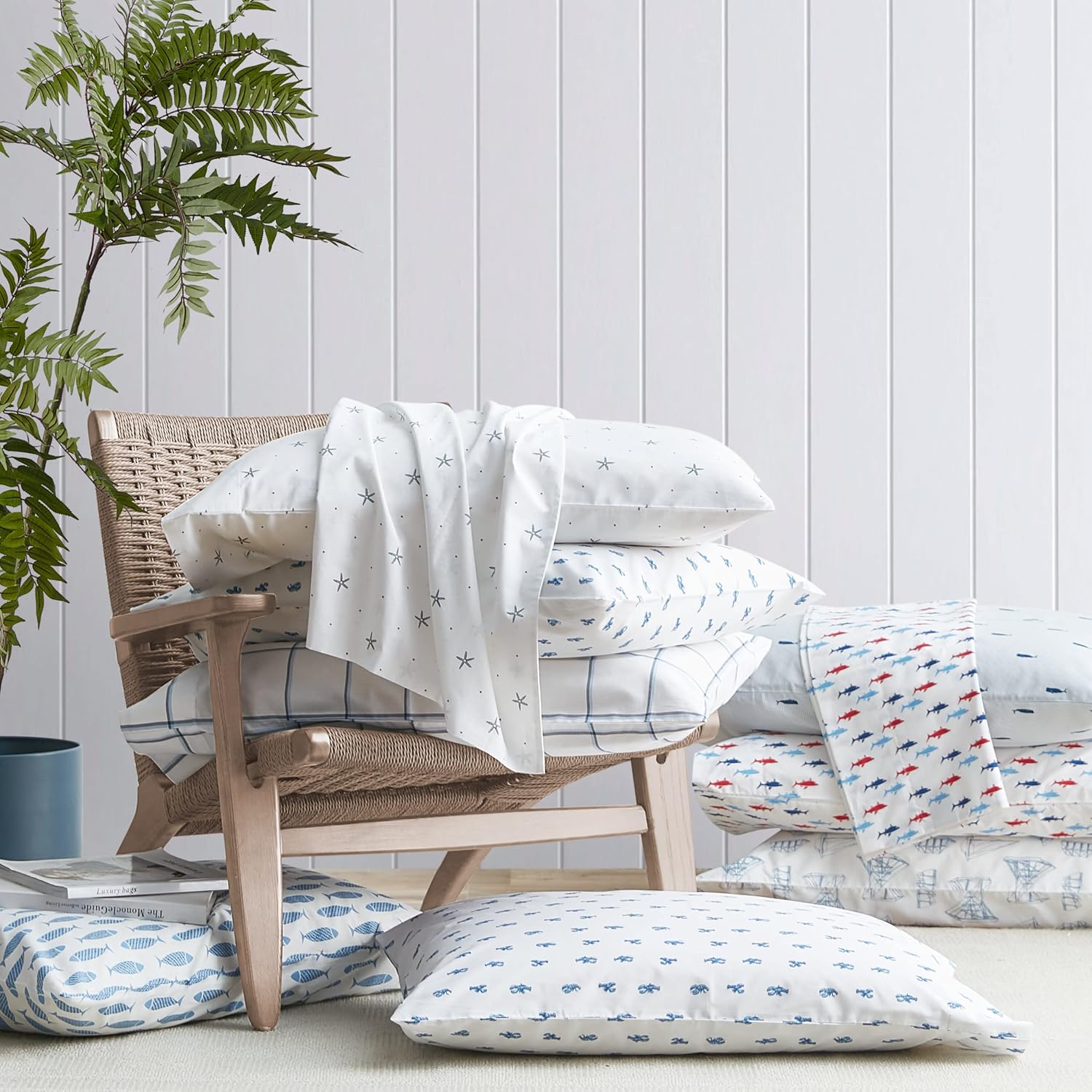 Nautica – Juego de sábanas de percal de algodón, decoración costera del hogar, artículos esenciales para la habitación del dormitorio (Beaux Stripe