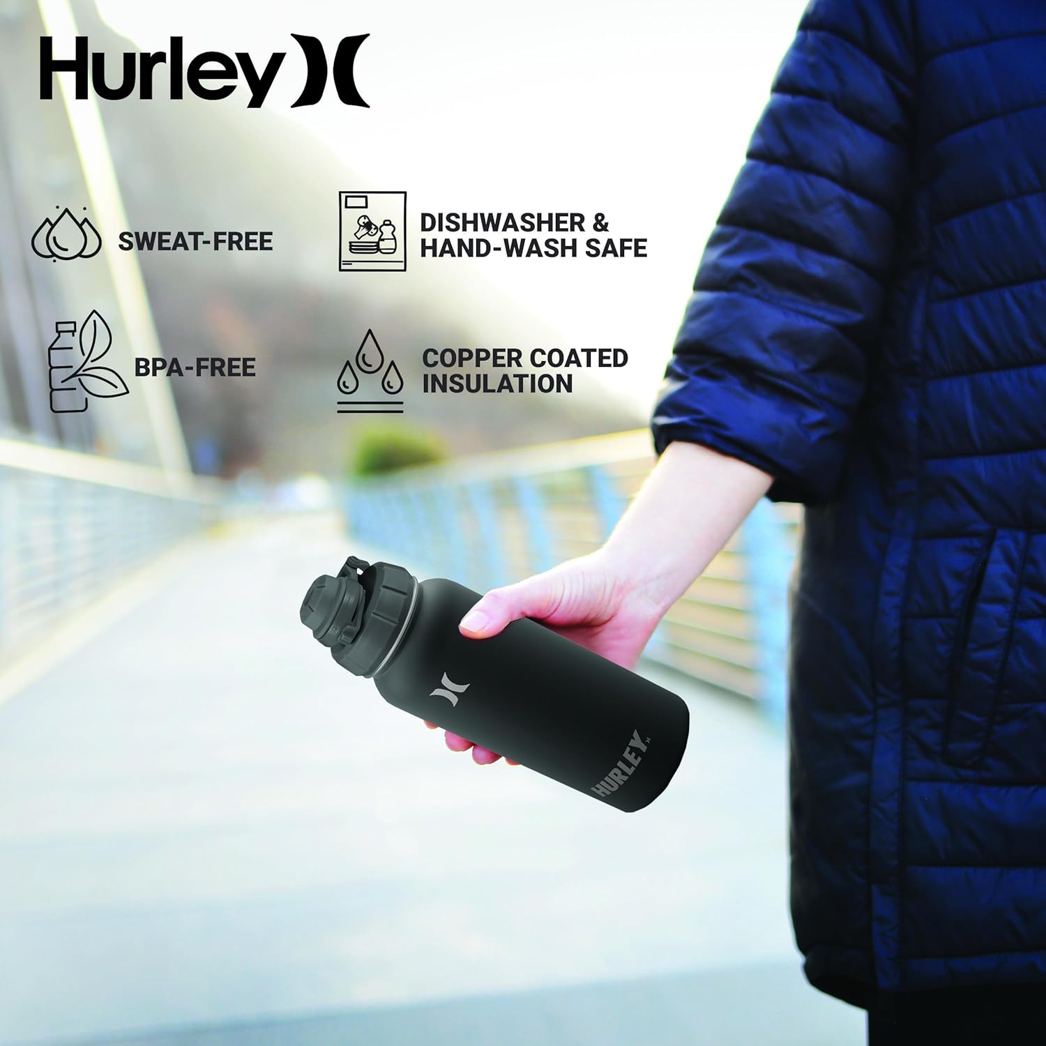 Hurley Botella de agua aislada  Botella de agua de acero inoxidable de 32 onzas, botella de agua de viaje para deportes y actividades al aire libre