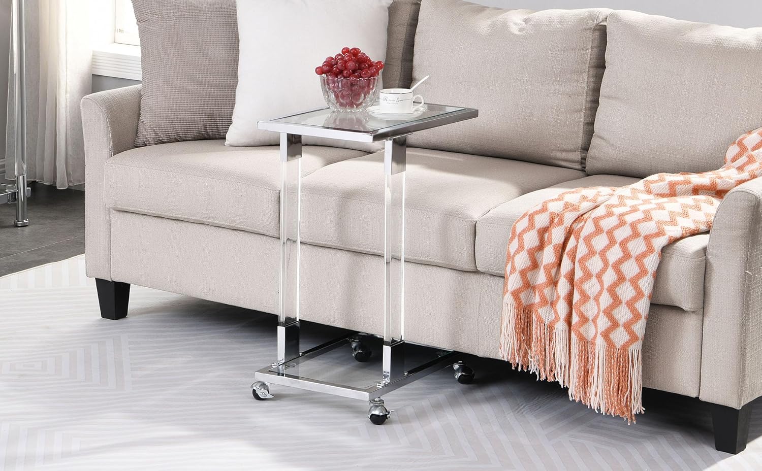 Mesa auxiliar móvil de vidrio acrílico, mesa auxiliar con ruedas, mesa auxiliar de sofá en forma de C sobre la cama, mesa de noche rodante, mesa de