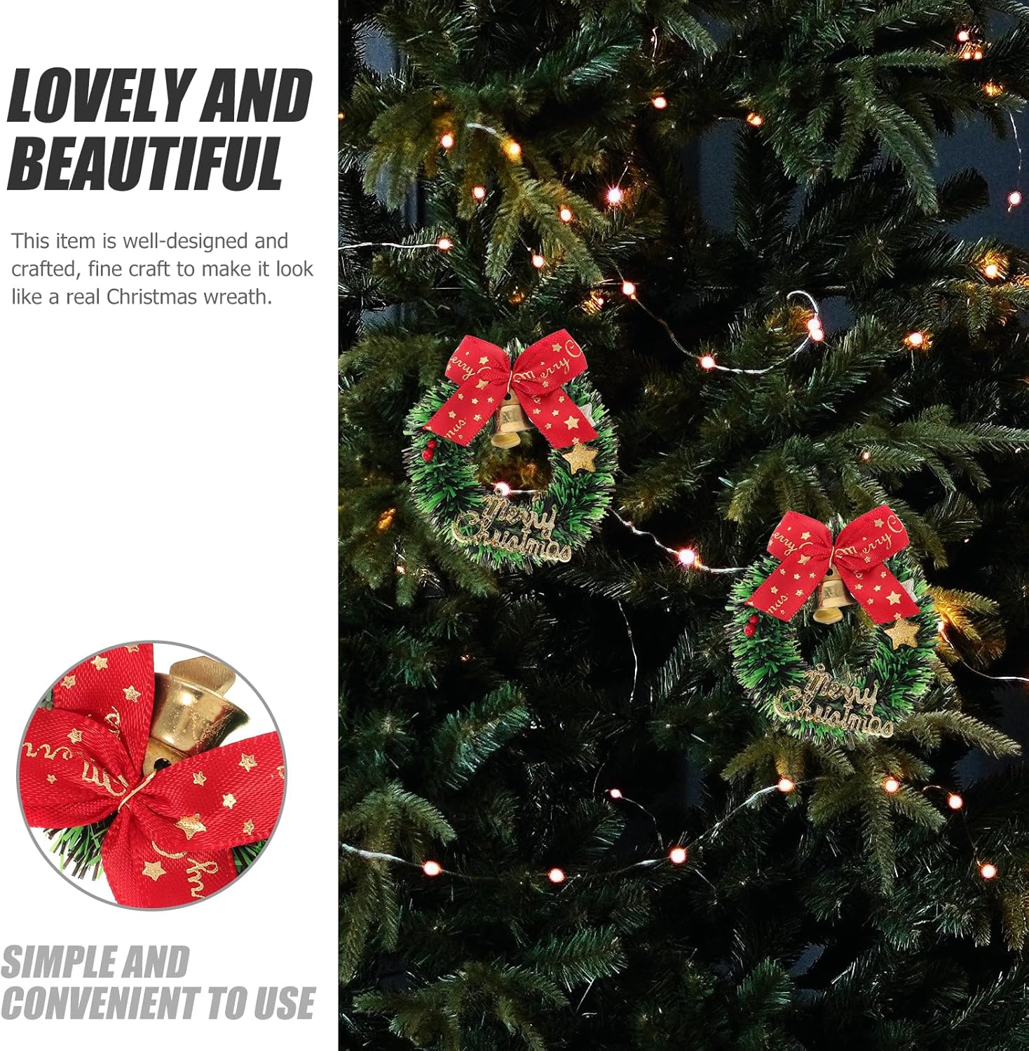 Ciieeo 10 mini coronas de Navidad, pequeñas coronas artificiales de árbol de Navidad con campanas de lazos de 2.55 pulgadas, coronas en miniatura