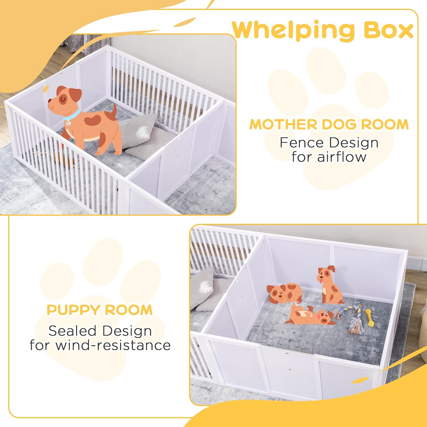 PawHut Caja de parto para perros construida para la comodidad de la madre, corral de parto para perros con puertas extraíbles, corral para cachorros