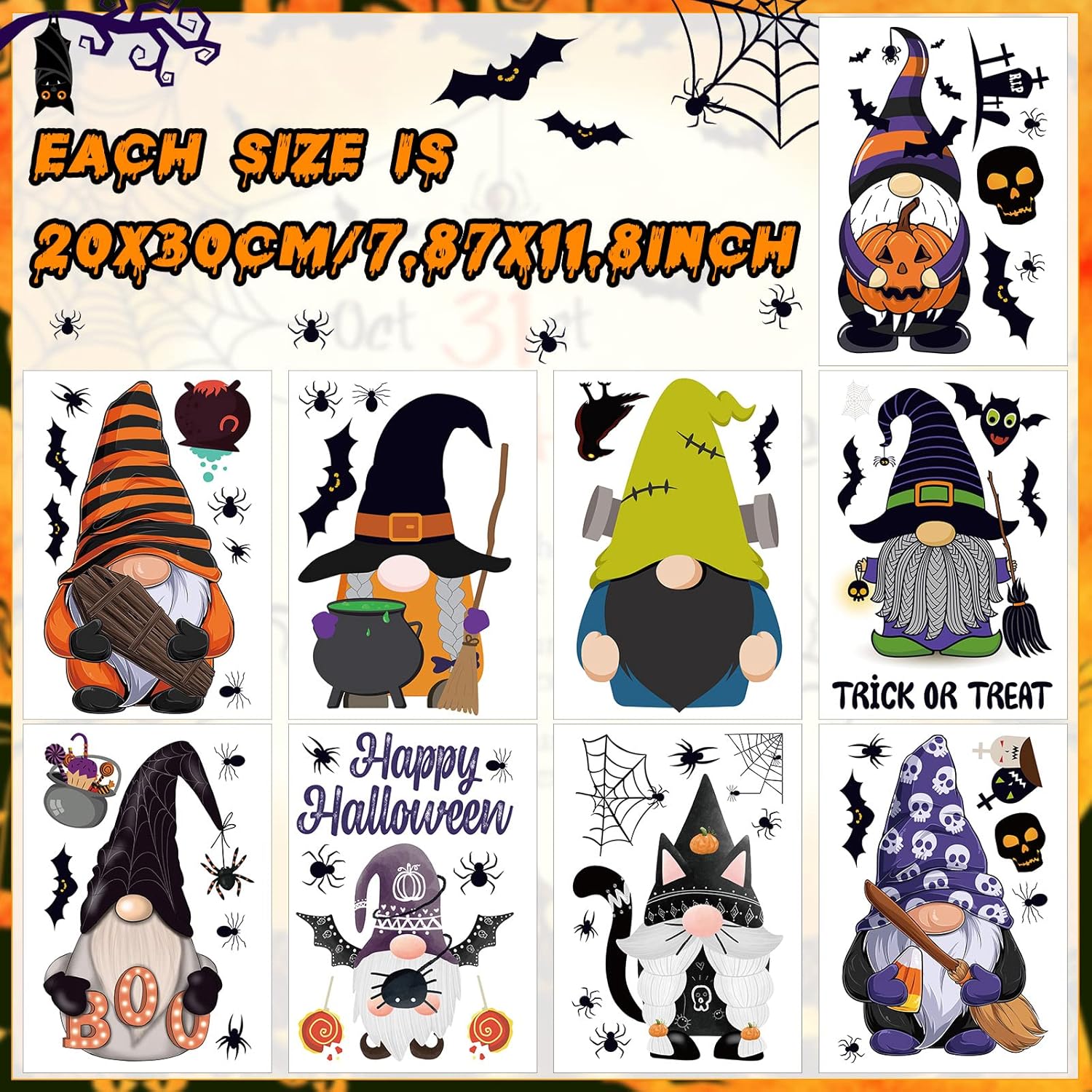 9 hojas de calcomanías de pared de gnomo de Halloween, calcomanías de pared de gnomo, para ventana, murciélago, elfo, enano, sin rostro, para