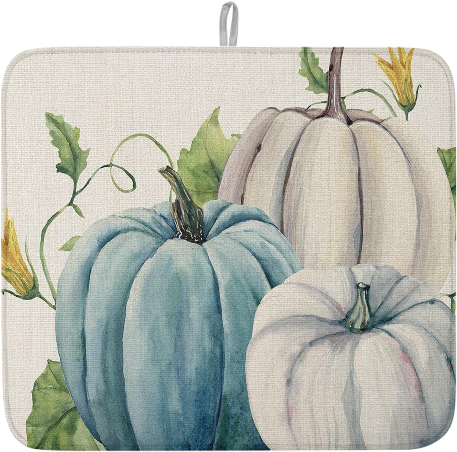 Tapete de secado de platos con calabazas azules y grises para encimera de cocina, hojas florales, hojas de eucalipto de Acción de Gracias,
