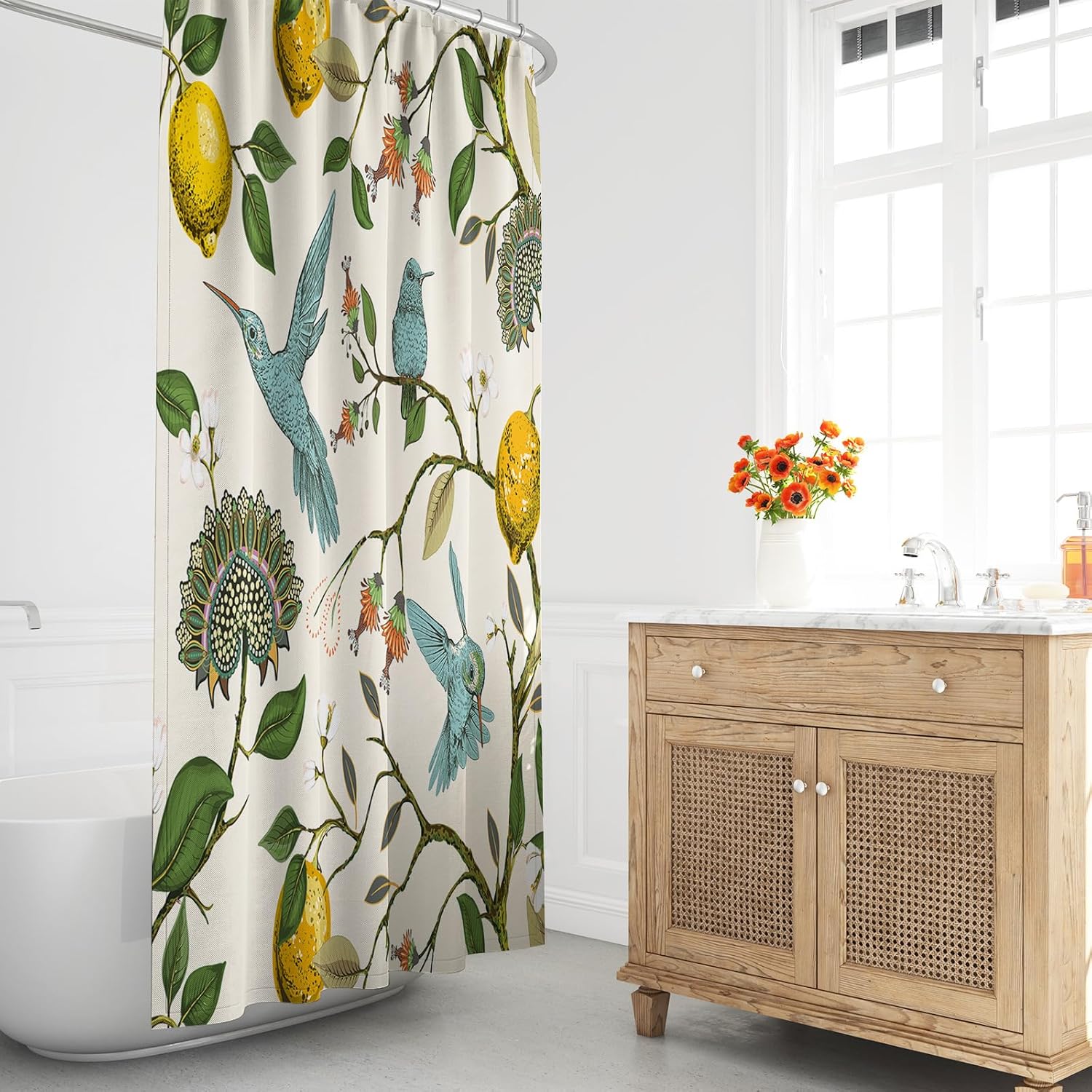 AnyDesign – Cortina de ducha de limón, diseño de pájaros azules, árbol de limón, decoración de baño, juego de cortina de baño retro con ganchos para