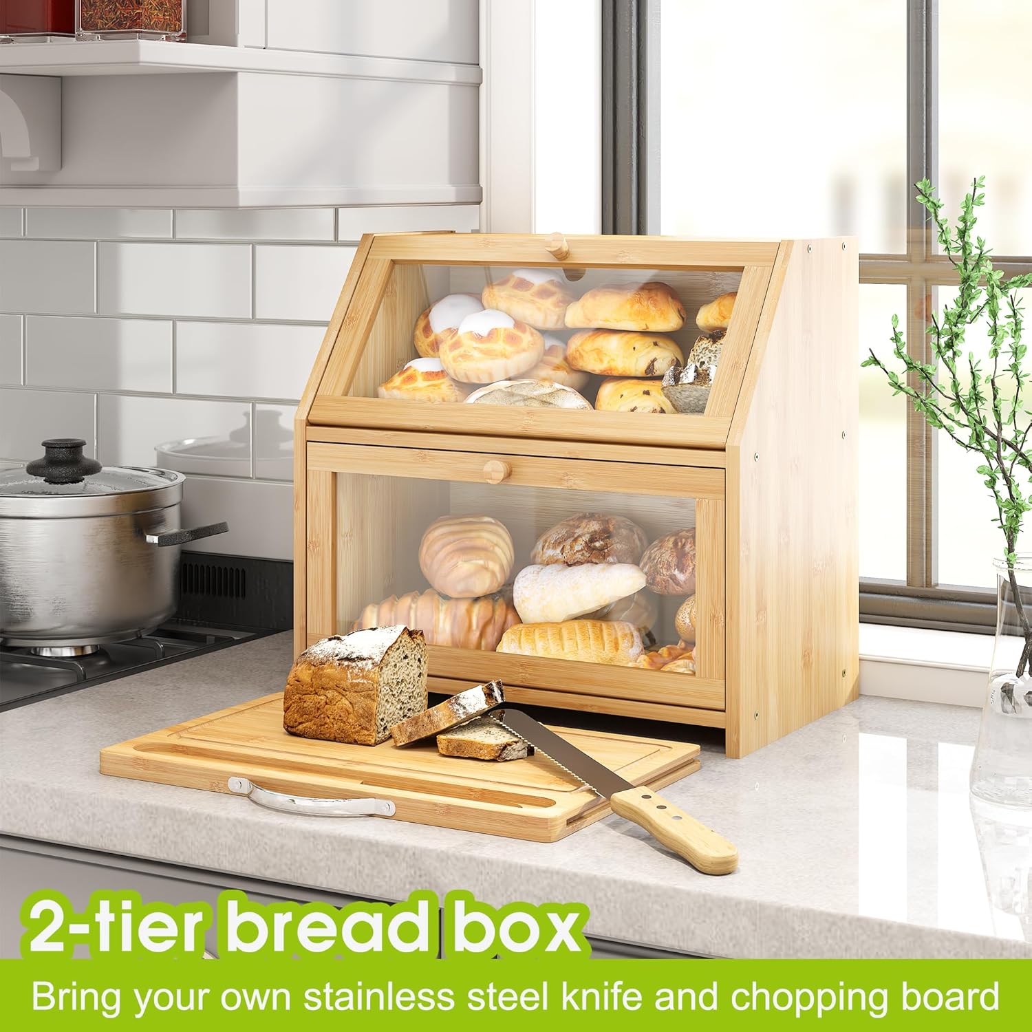 BMOSU Panera con tabla de cortar, almacenamiento y organizador de pan de cocina, encimera de granja, panera doble de madera de bambú de gran