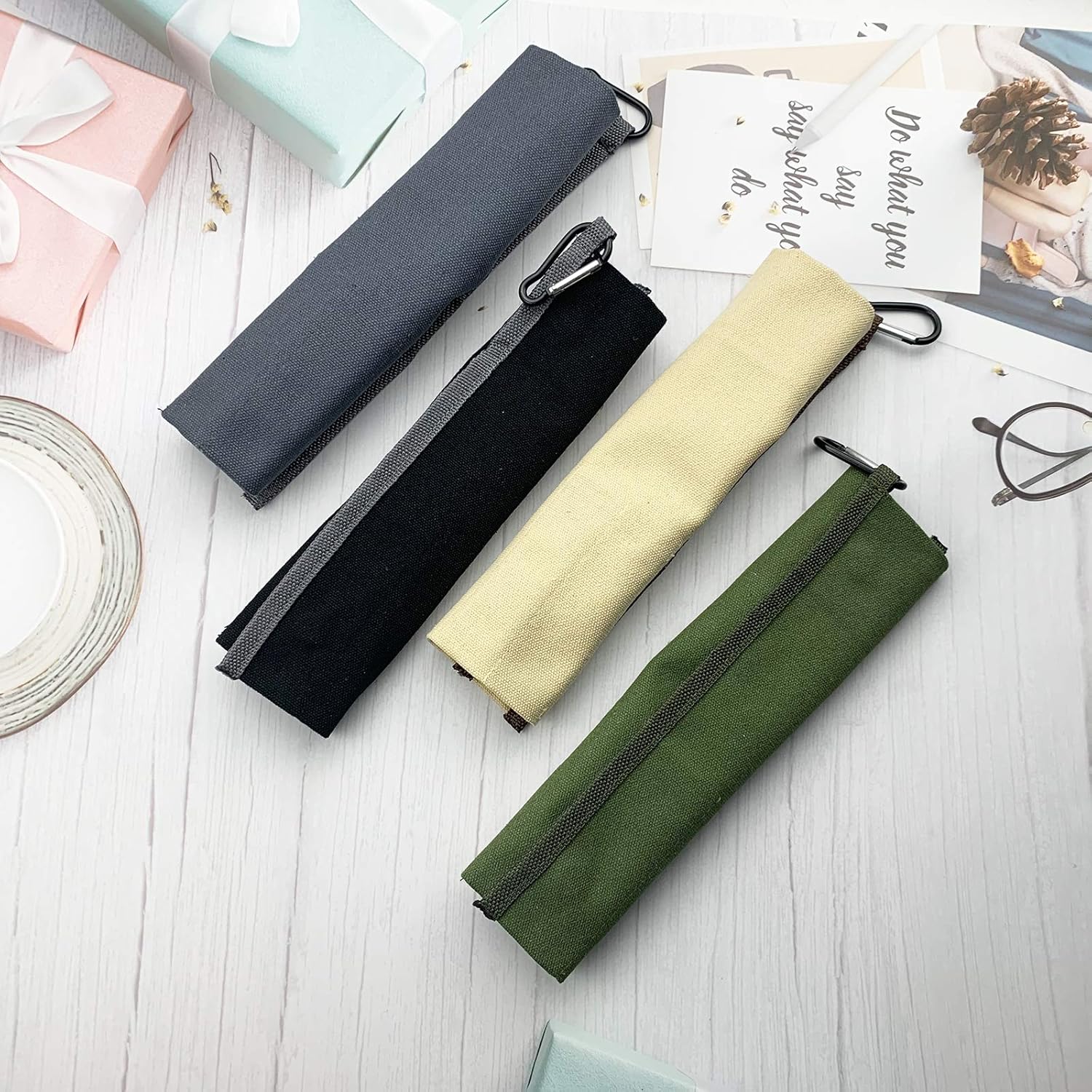 JASHII Utensilios de campamento reutilizables de acero inoxidable con bolsa, juego de cubiertos de viaje de 7 piezas con cuchillo de pajilla,