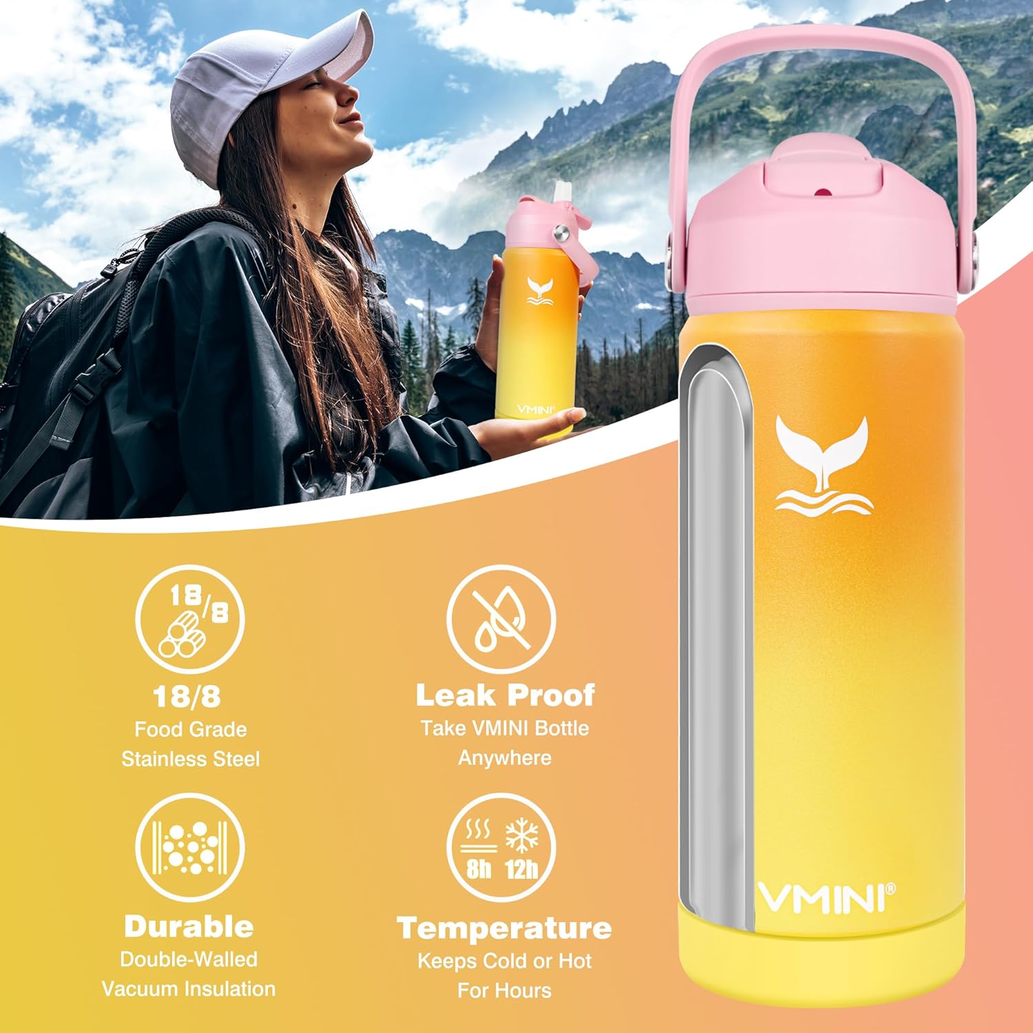 Botella de agua, botella de agua aislada con popote y bota, botella de agua de acero inoxidable para deportes y viajes, termo aislado para hombres,
