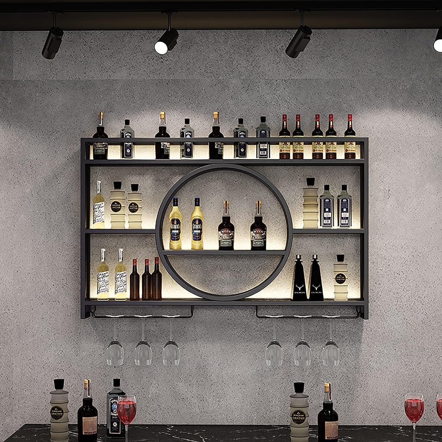 SHENJIA Estantes para vino de pared, estante de vino de bar, estante de almacenamiento de vidrio de copas de champán, soporte para botellas de