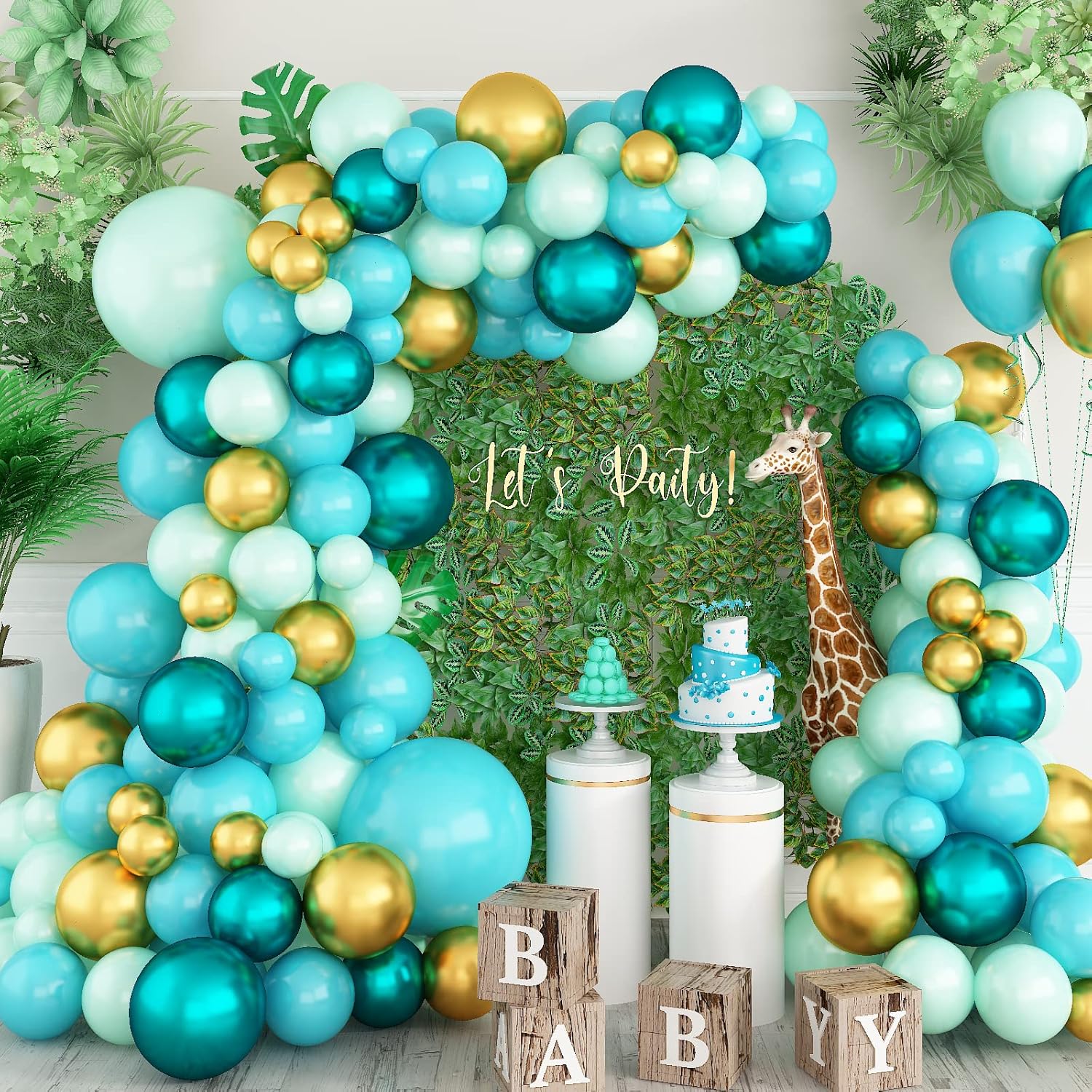 Kit de arco de globos de color azul turquesa, kit de guirnalda de globos turquesa de doble relleno con globos dorados metálicos, verde menta, verde