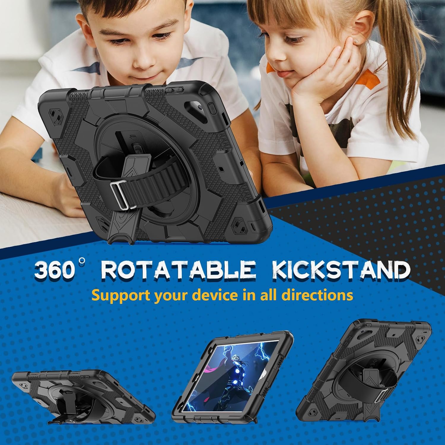 SEYMAC Funda para iPad de 987 generación, funda de cuerpo completo a prueba de golpes con protector de pantalla, correa de mano giratoria de 360 y