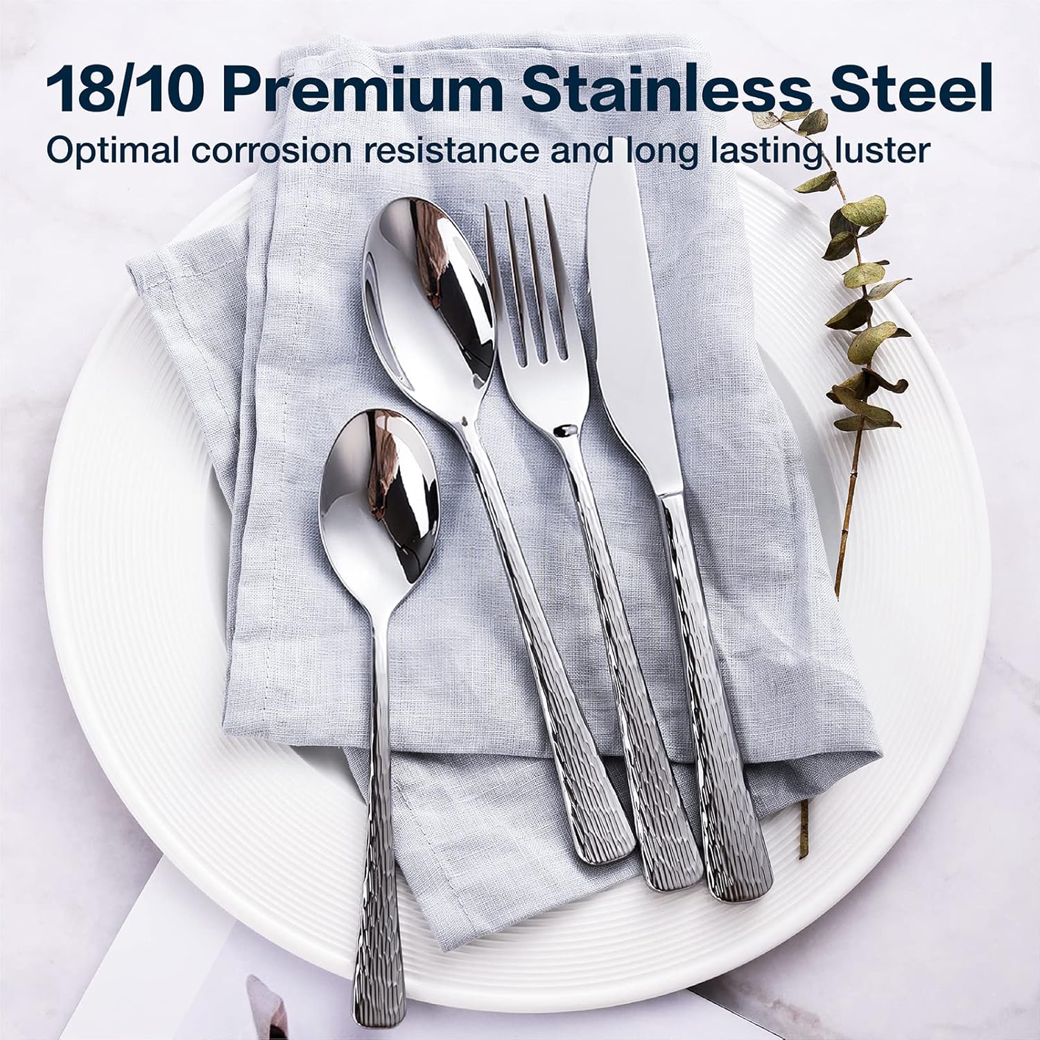 KINGSTONE Juego de 4 cucharas de cena de acero inoxidable 1810, cucharas de metal martillado de 8 pulgadas para el hogar, cocina o restaurante, no