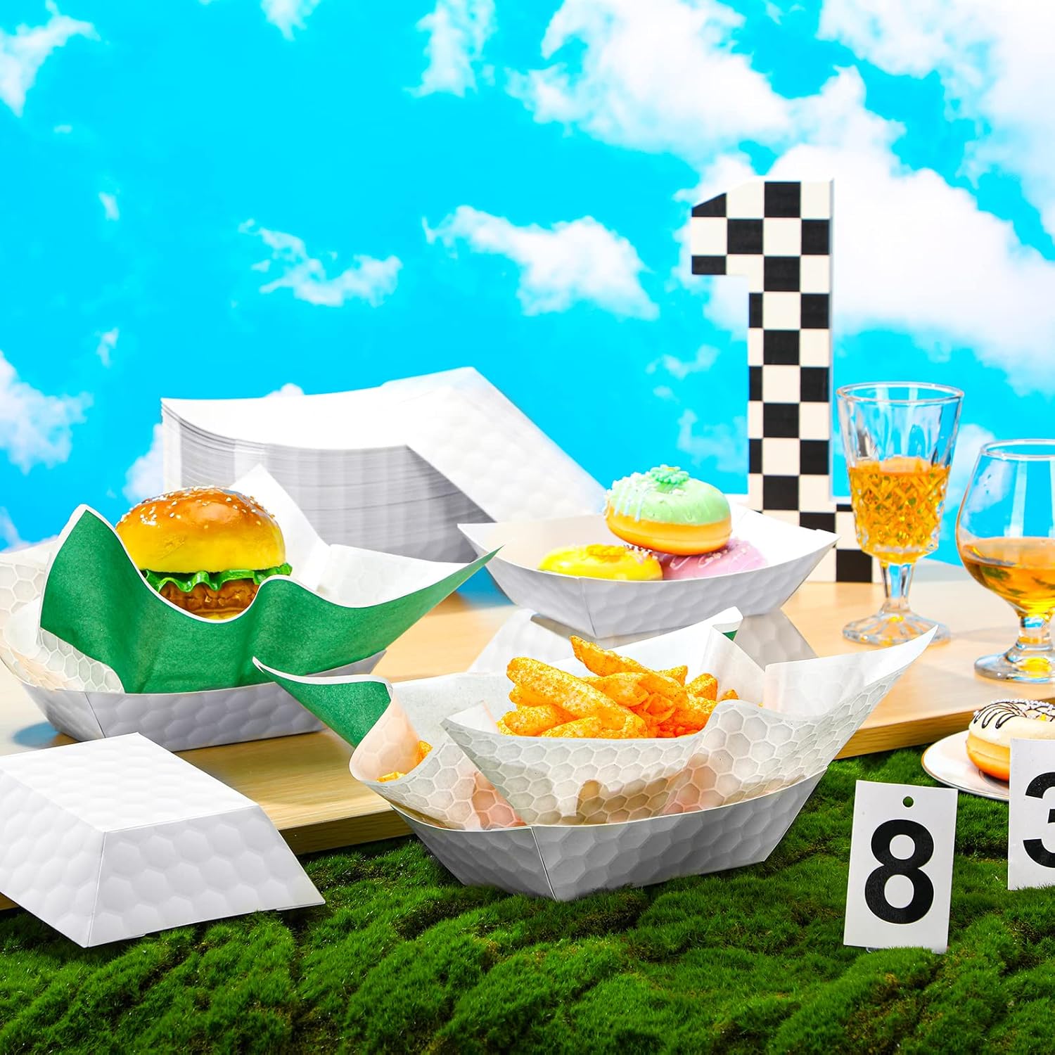 100 piezas de suministros de fiesta de golf sirven 50, bandejas de comida de papel de golf, botes de comida con hojas de papel encerado para niños,