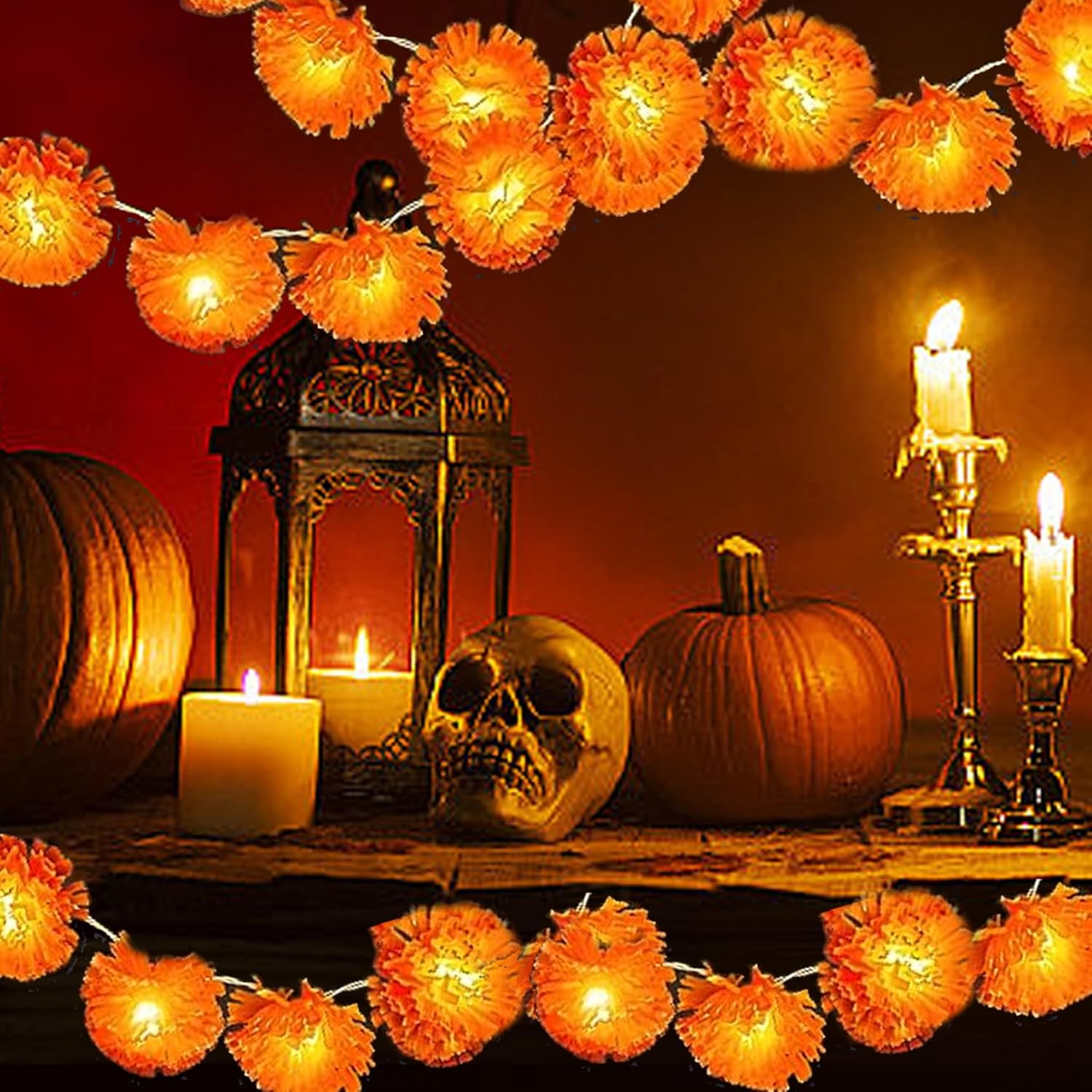 Guirnalda de flores de caléndula, 2 guirnaldas de caléndula de 9.85 pies con 20 luces LED, decoración de guirnalda del día de los muertos para