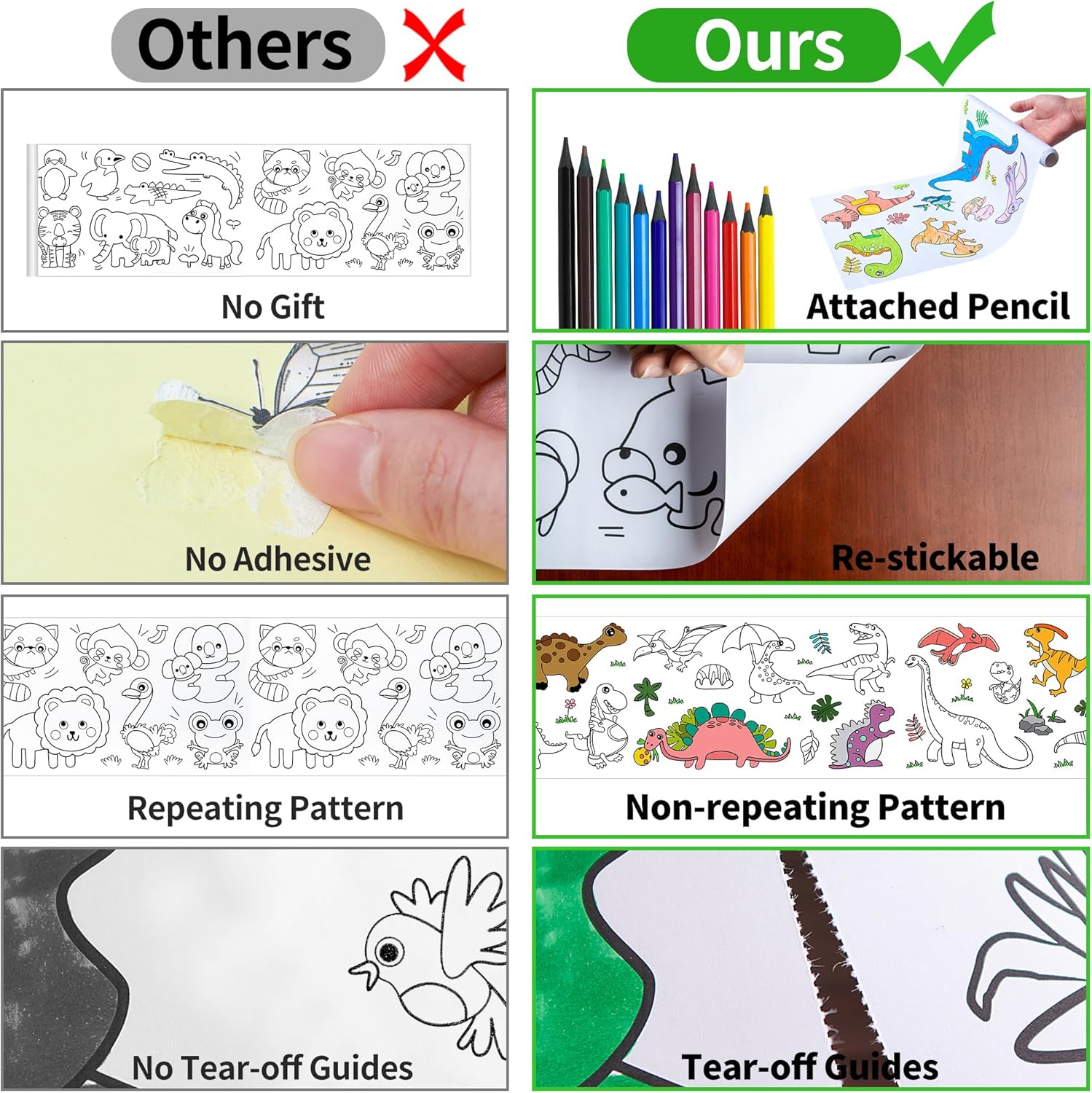 2 rollos de dibujo para niños, rollos de papel adhesivo para colorear con lápiz de color, Doodle Scroll DIY pintura para niños y niñas de 3, 4, 5,