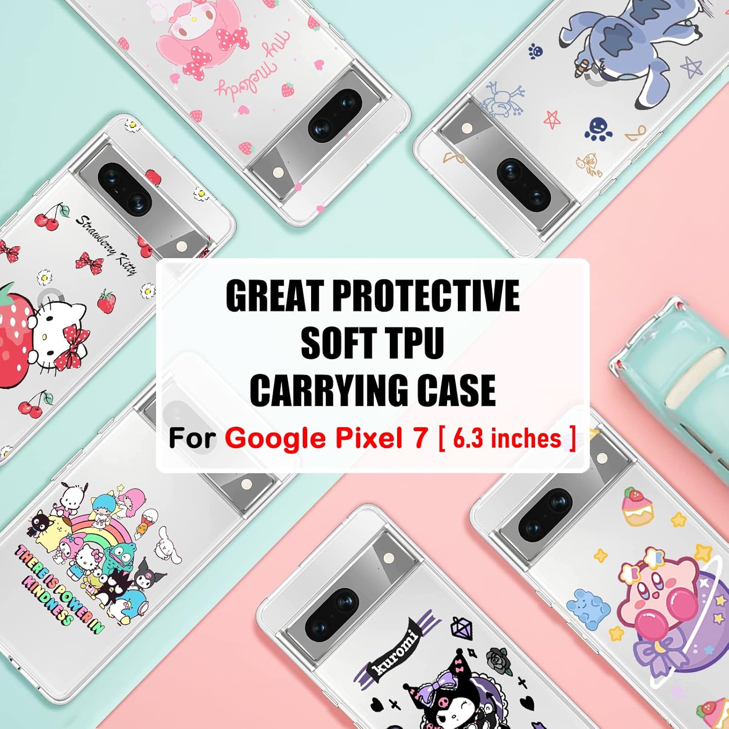 Bonita funda compatible con Google Pixel 7 de silicona transparente Pixel 7 con diseño de conejo de fresa, patrón kawaii delgado y suave TPU