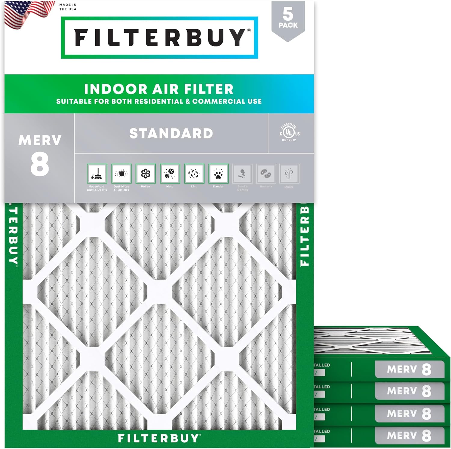 Filterbuy Filtro de aire de 17 x 22 x 1 pulgada MERV 8, protección contra el polvo (paquete de 5), filtros de aire de repuesto plisados HVAC para
