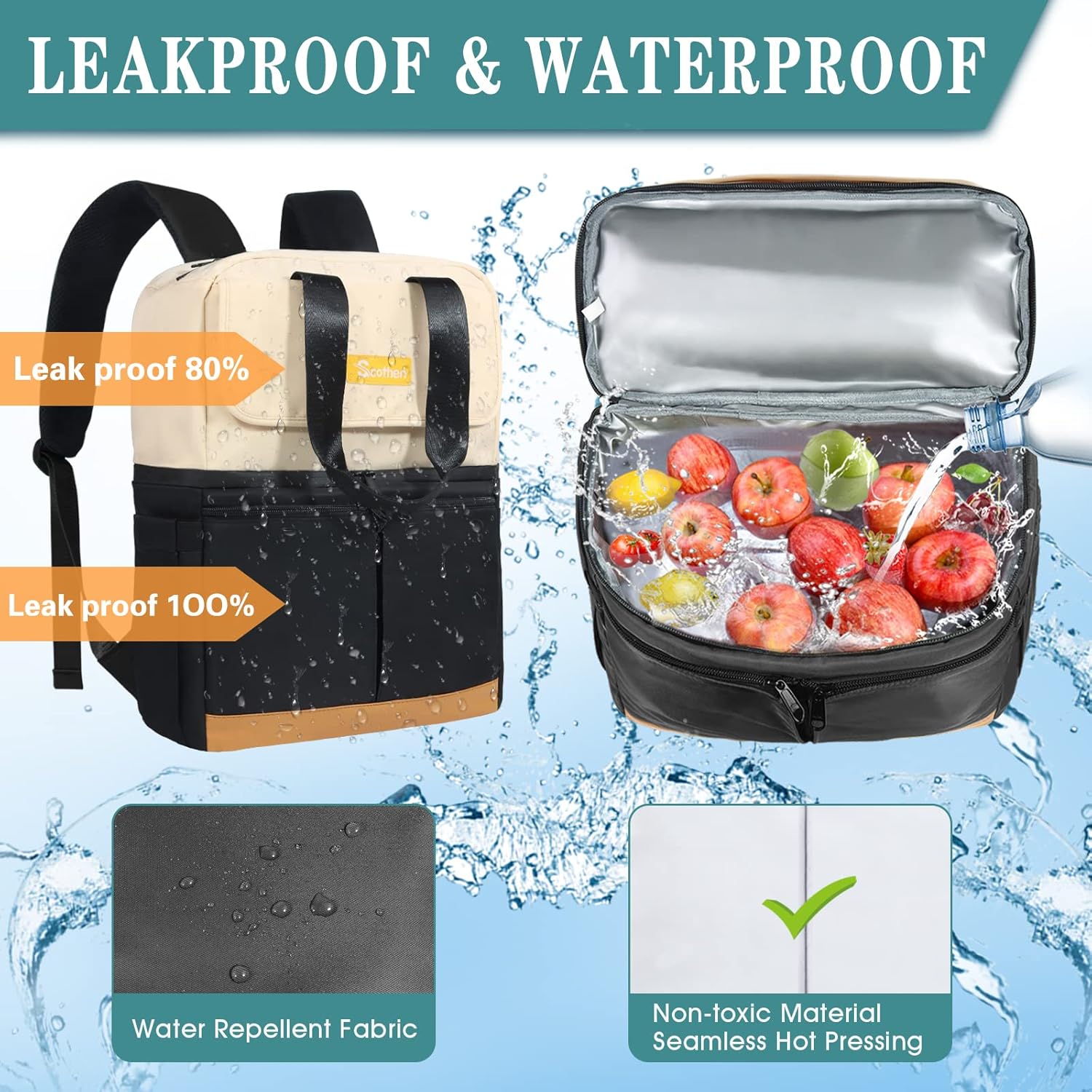 Scothen Mochila enfriadora con doble piso y 12 paquetes de hielo, mantiene 36 latas frías hasta 24 horas, mochila térmica aislada impermeable y a