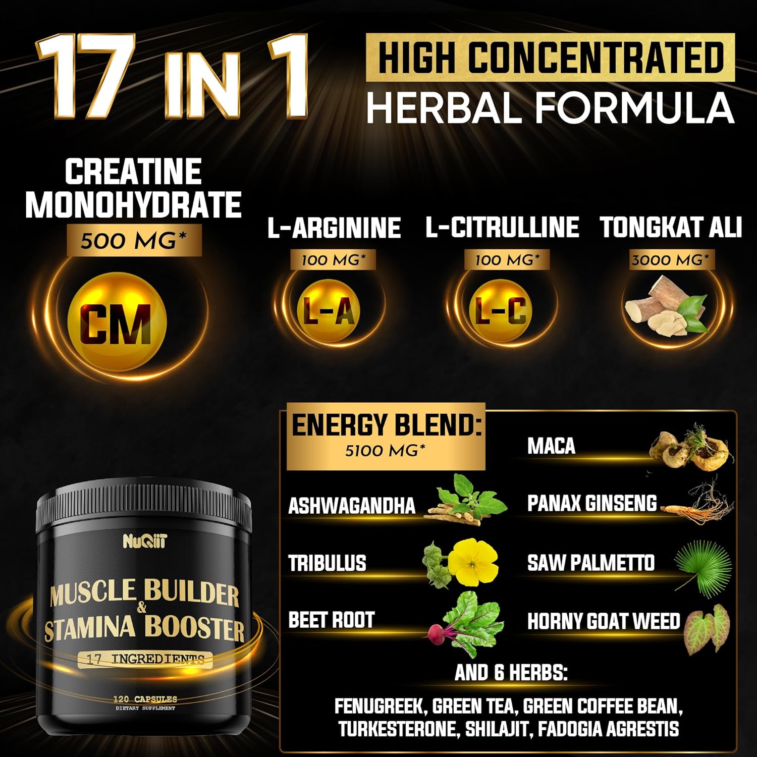 Suplemento de constructor muscular con monohidrato de creatina, 500 mg de raíz de Tongkat Ali de 3000 mg y más, apoya la fuerza, la resistencia y la