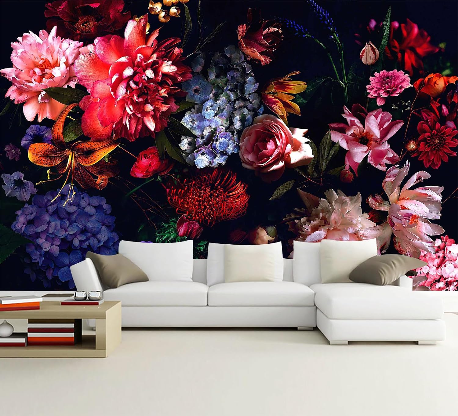 Papel pintado floral oscuro, acuarela, rosa y azul, para dormitorio (no se puede despegar ni pegar)