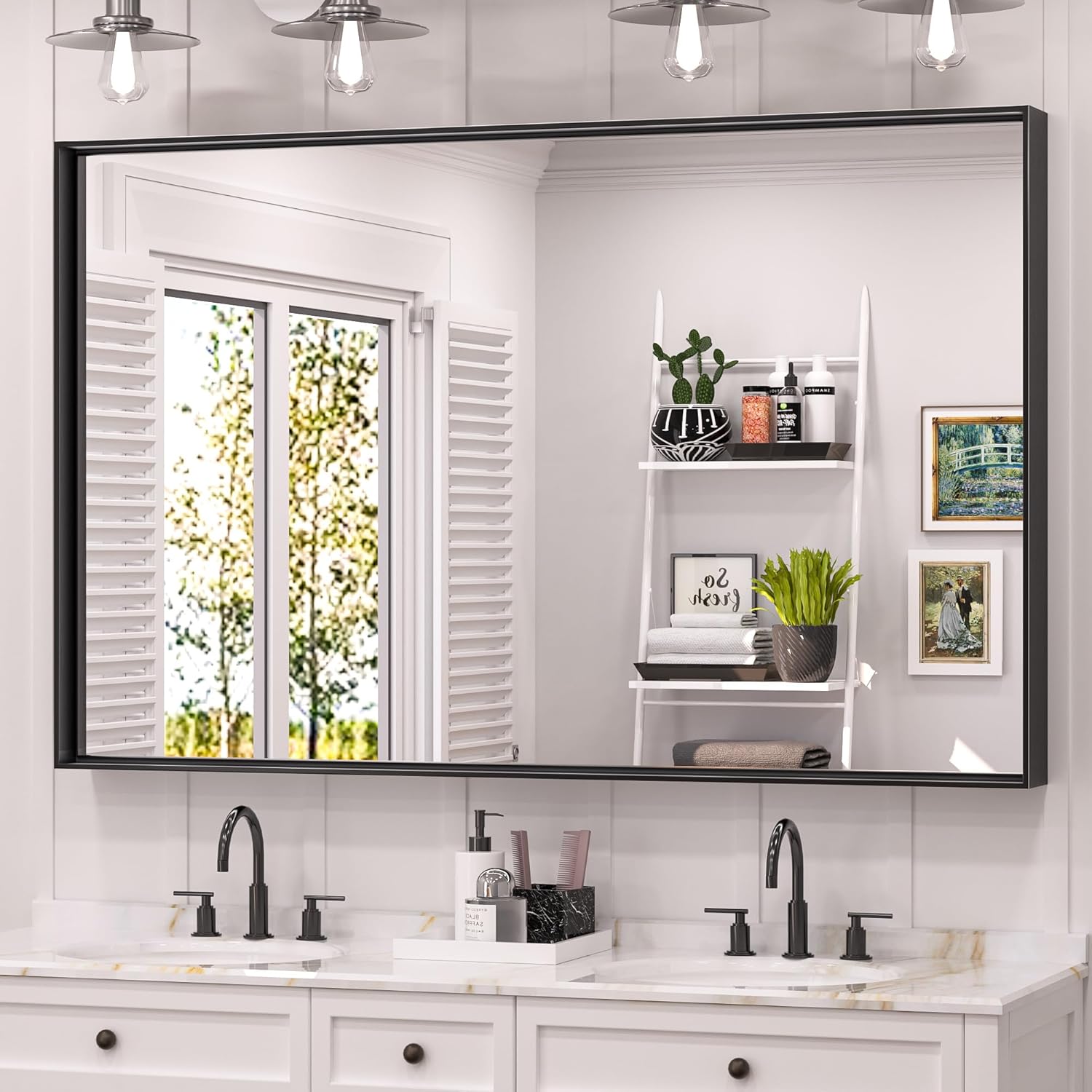 TETOTE Espejo de baño con marco negro de 48 x 30 pulgadas, espejo rectangular grande con marco de metal negro mate, espejo de pared rectangular