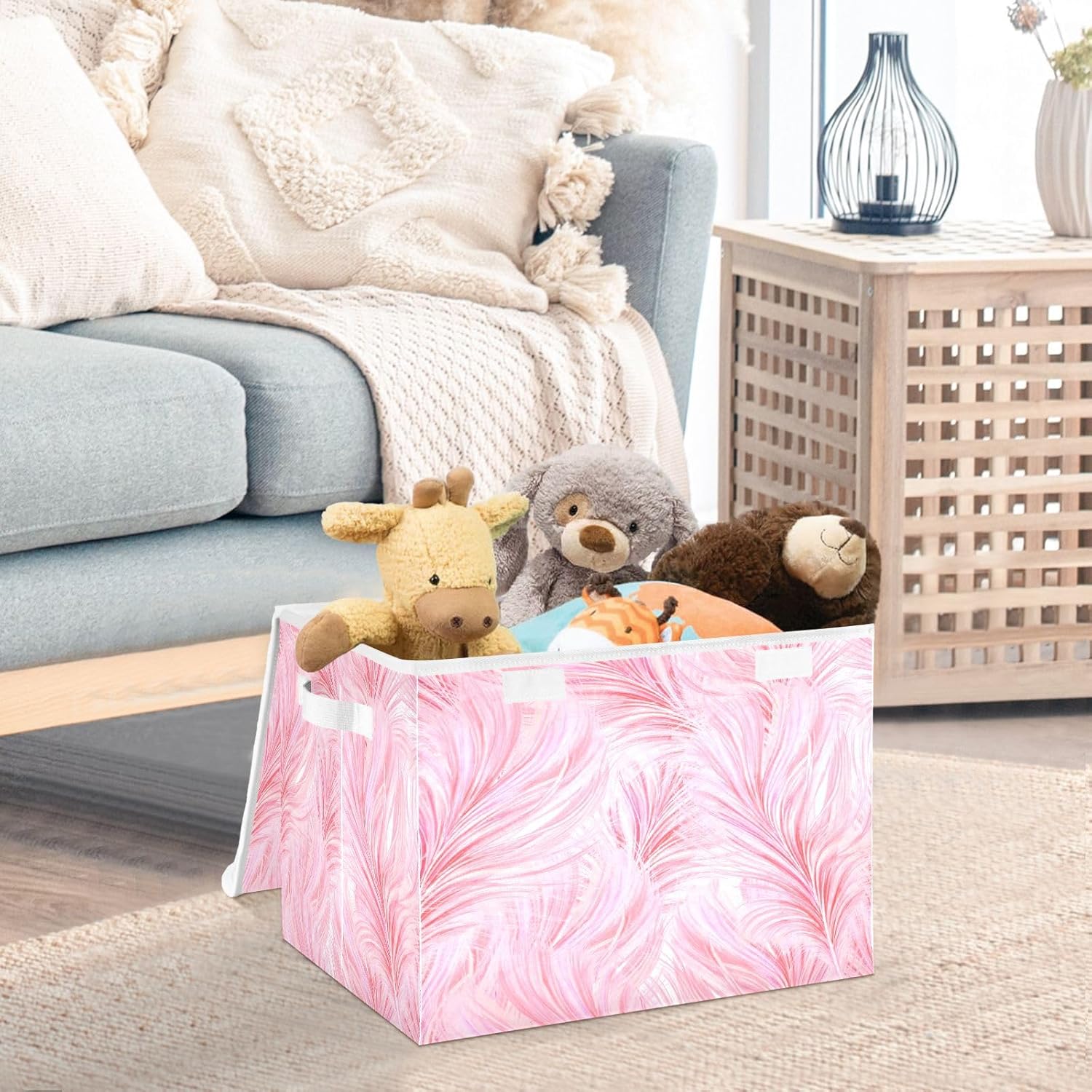 FUGIDOG Cajas de almacenamiento con tapas y asas de plumas rosadas, contenedores plegables de tela para armario, contenedores grandes de ropa de