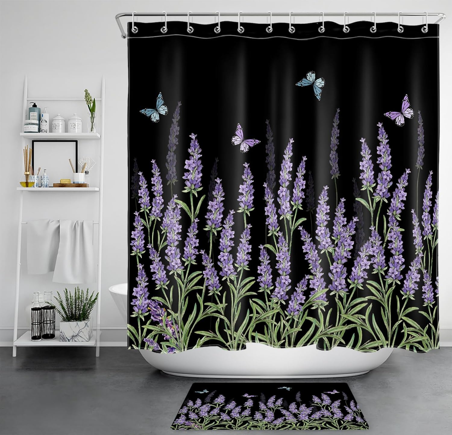 LB Butterfly and Floral Shower Curtain Sets with Rugs Lavender Flower with Green Leaves on Black Fabric Shower Curtain with Hooks Nature Botanical