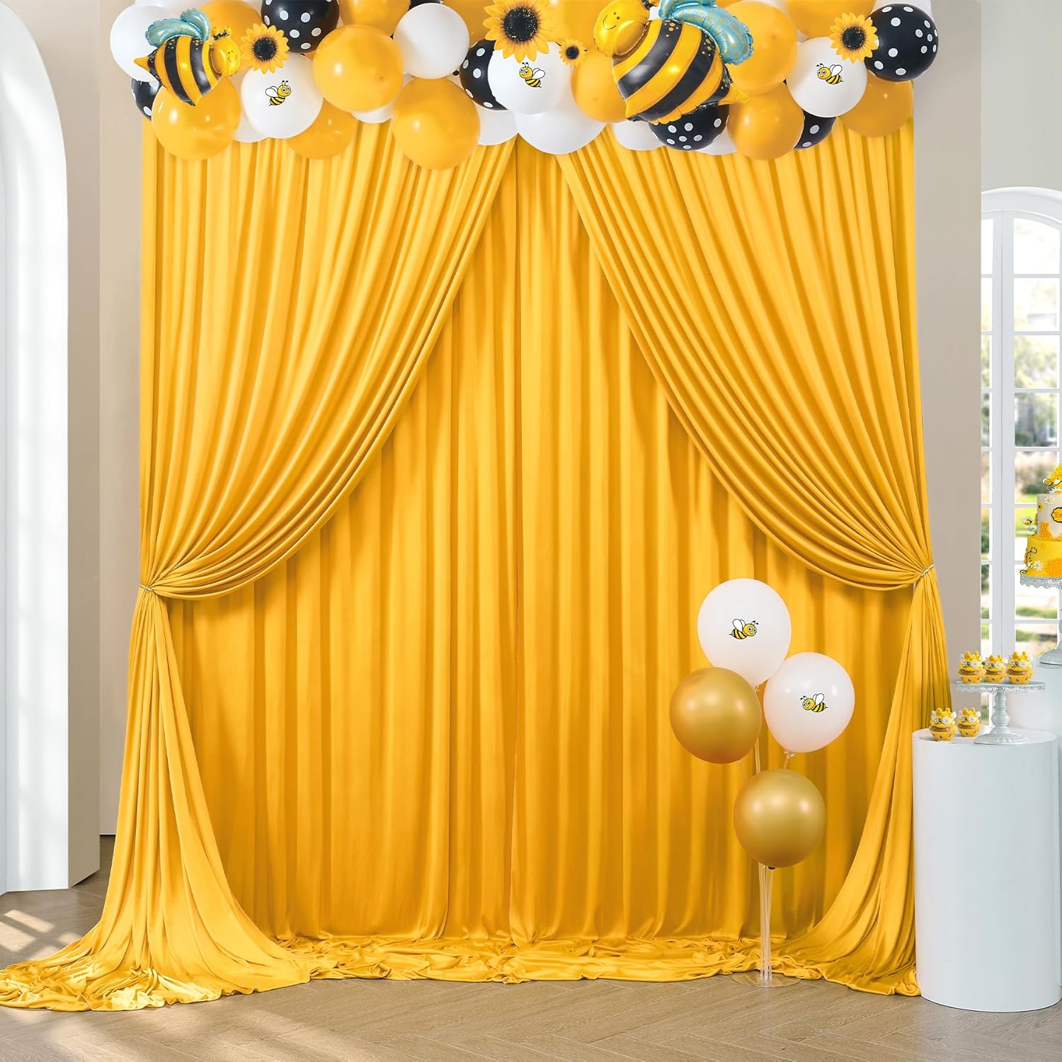 Cortinas de fondo amarillo mostaza de 20 x 10 pies sin arrugas para fiestas, cortinas de fondo de fotos de poliéster grueso para bodas, decoración