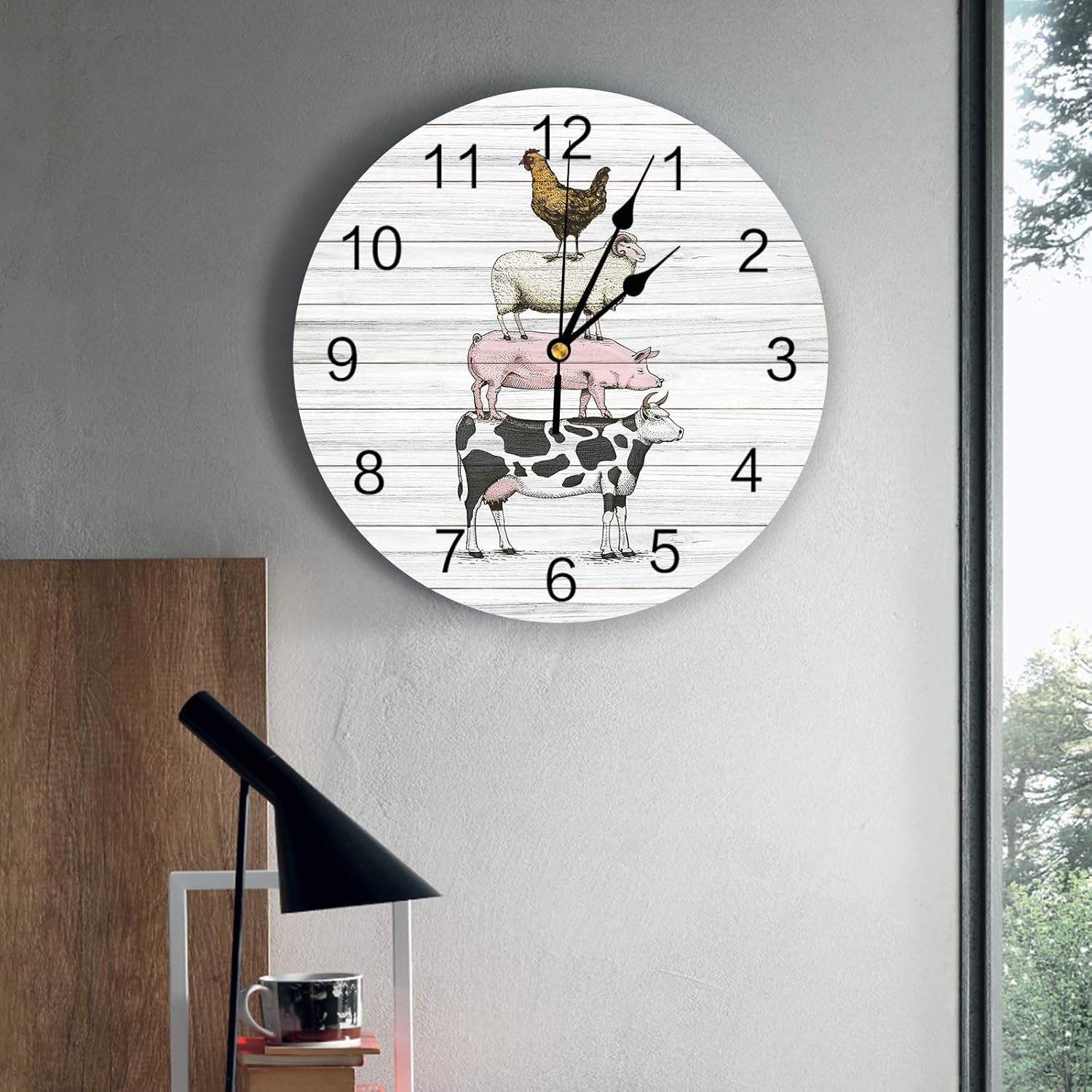 Reloj de pared de PVC de animales de granja, silencioso sin tictac, funciona con pilas, reloj redondo para el hogar, oficina, escuela, cocina,