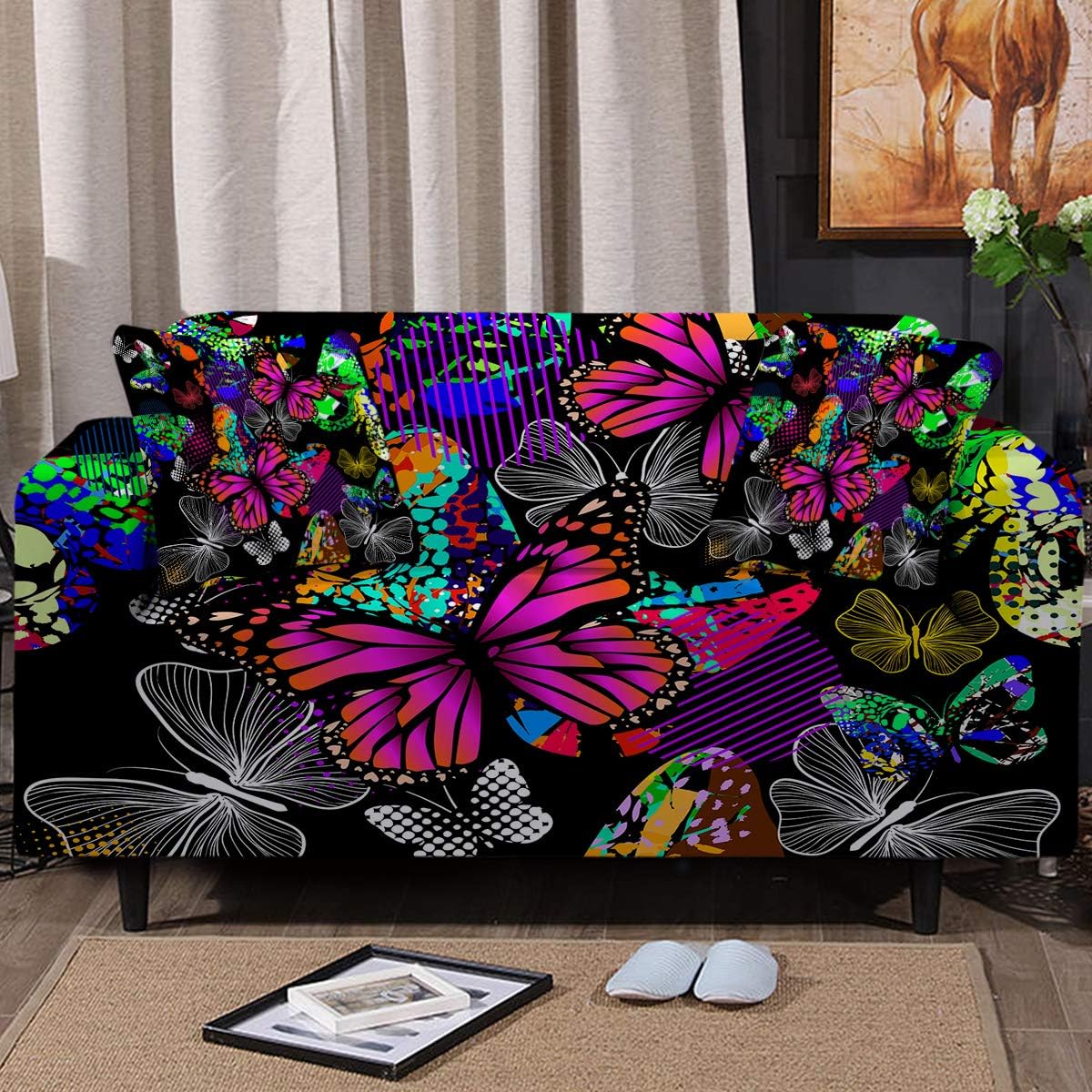 Sleepwish Flying Butterflies – Fundas elásticas para sofá de 3 cojines, funda de sofá biplaza o sillón para niñas, funda de cojín con 2 fundas de