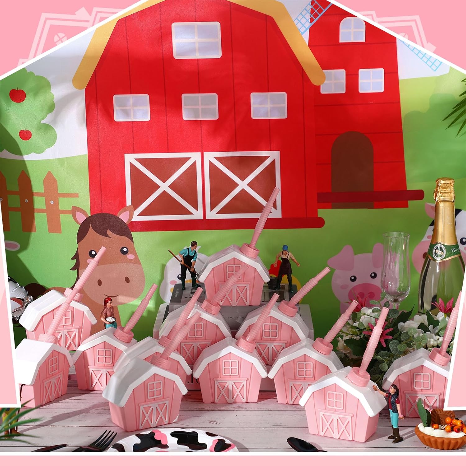 24 tazas de granja con tapas y pajitas, tazas de juguete de granja de 10 onzas para fiesta de cumpleaños de granja, fiesta de animales de granero,