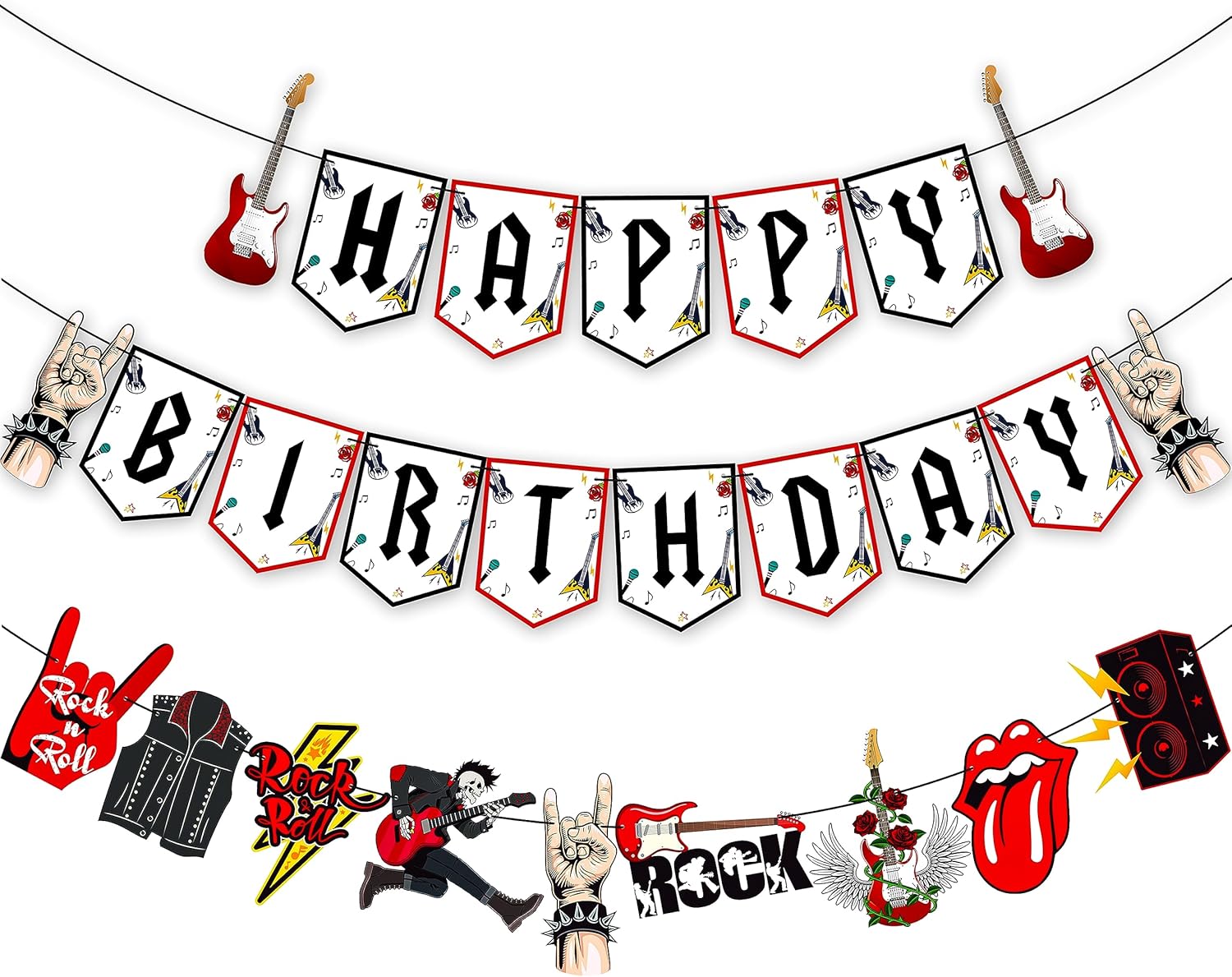 Cartel de cumpleaños de Rock and Roll, 3 unidades, pancartas de fiesta de música rock, decoración de fiesta de cumpleaños, pancartas colgantes