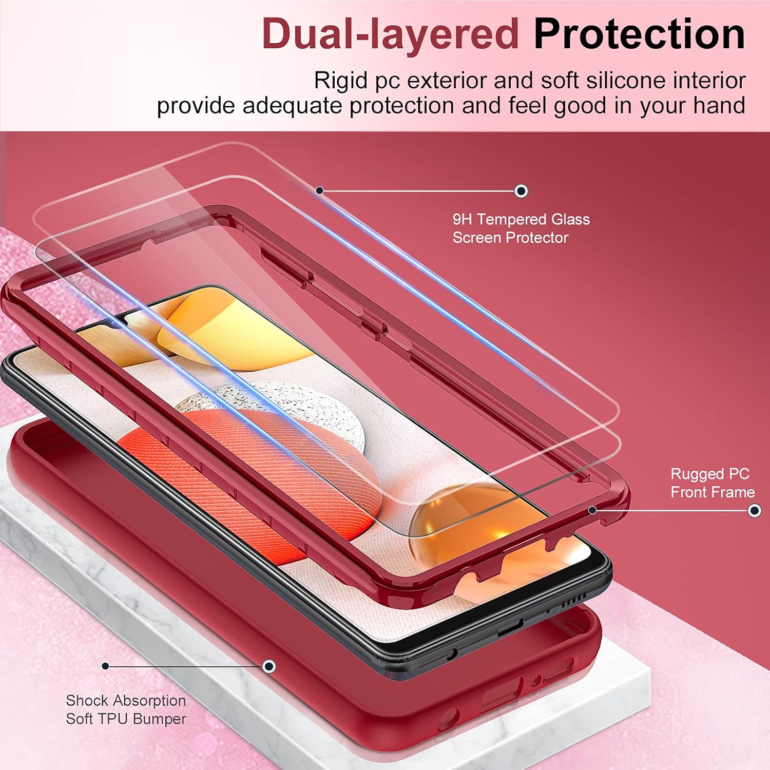 LeYi Funda para Samsung Galaxy A42 5G, color rojo vino, cuerpo completo, a prueba de golpes, silicona líquida suave, funda protectora híbrida para