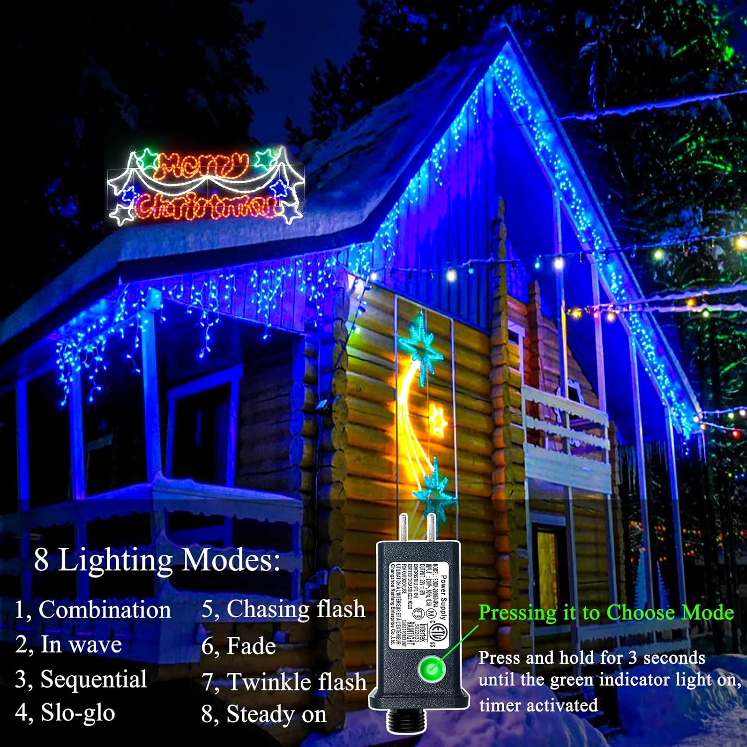 Luces de Navidad para exteriores  99 pies 1216 luces LED de carámbano al aire libre  Enchufe 8 modos de luces parpadeantes para decoraciones de