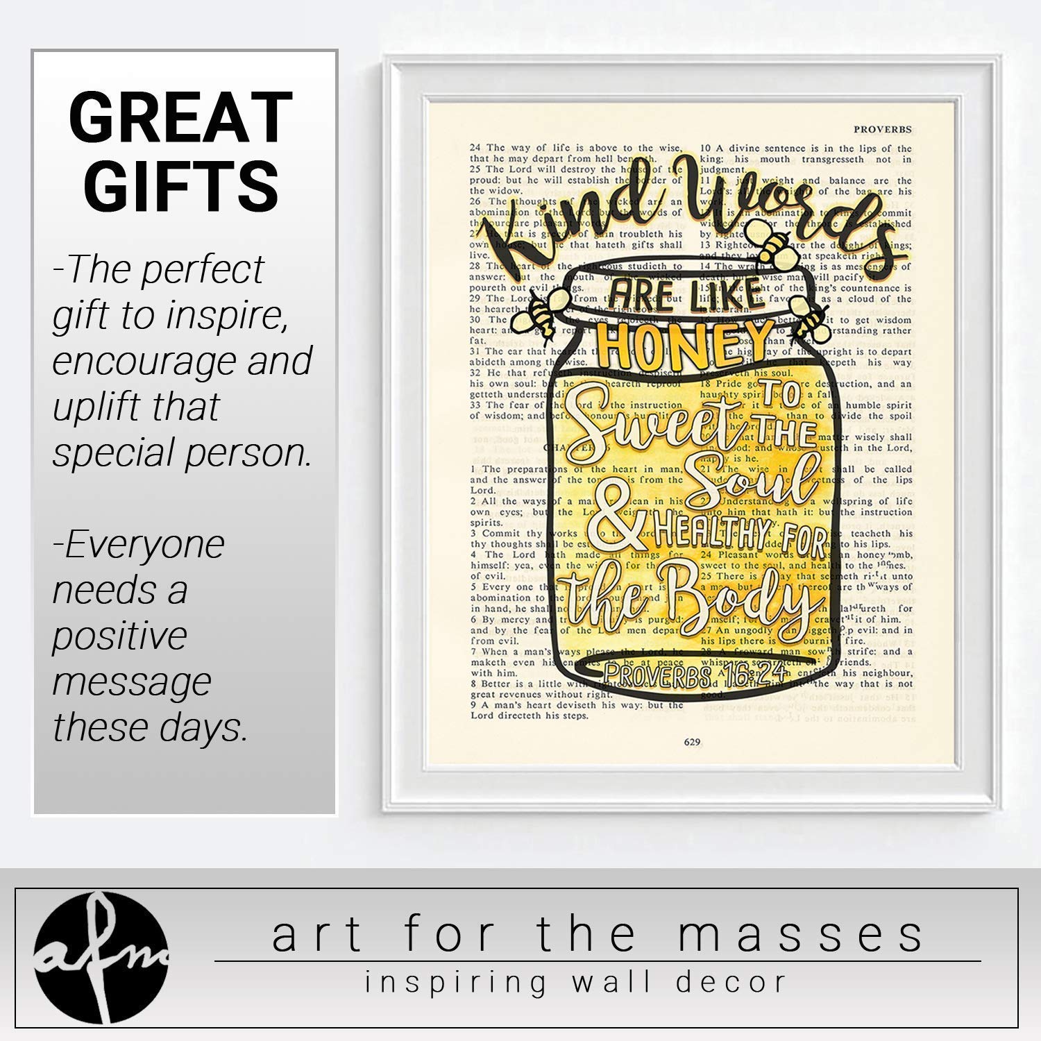 Kinds Words Are Like Honey, Sweet to the Soul, Proverbs 1624, Christian Reproduction Art Print, Unframed, Vintage Bible Verse Scripture Wall and