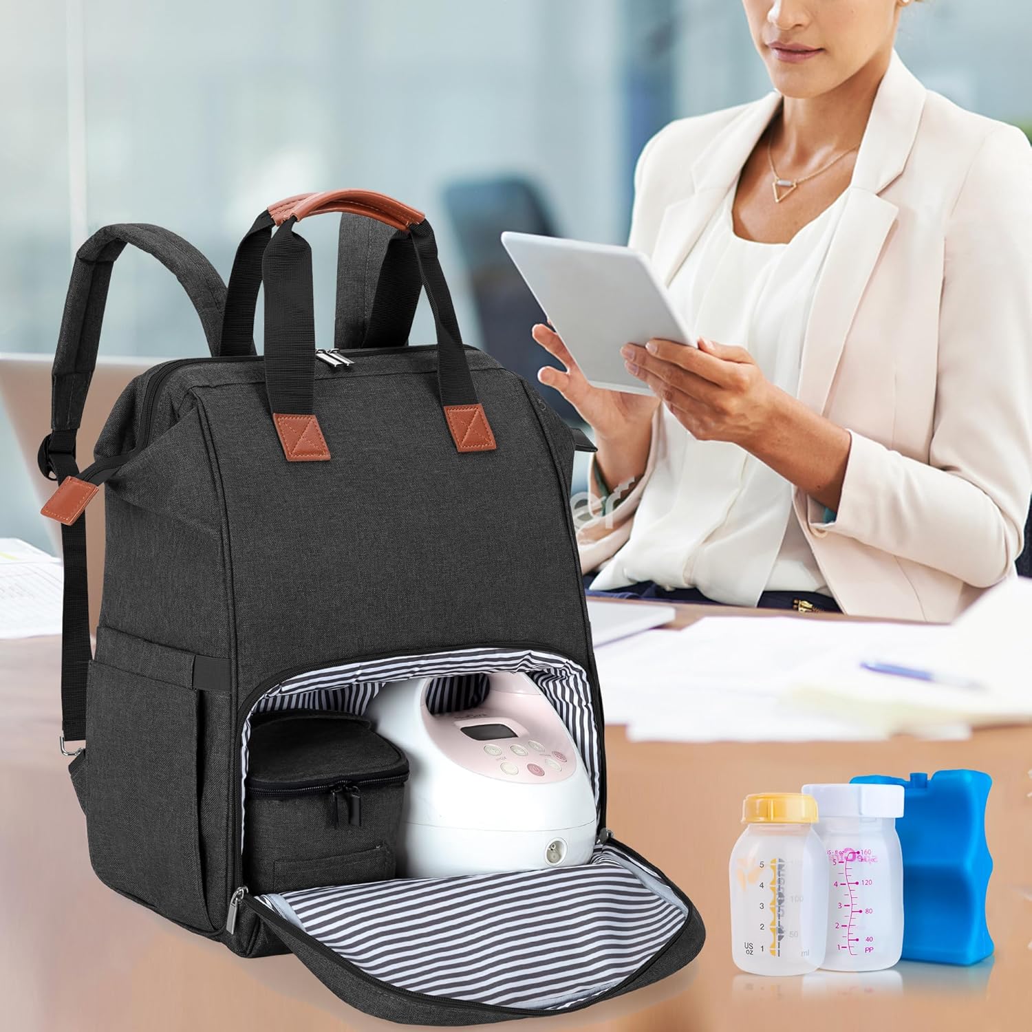 Luxja Bolsa para extractor de leche con bolsa enfriadora para madres trabajadoras, mochila para extractor de leche con funda para laptop de 14