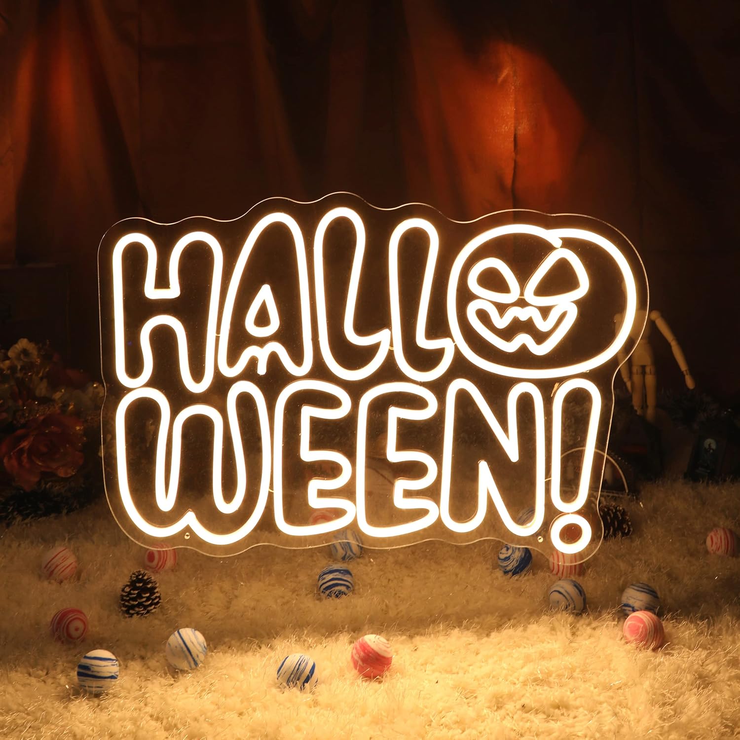 Decoraciones de Halloween para exteriores e interiores, letreros de neón de Halloween, calabaza, luz de neón grande regulable de 23 x 17 pulgadas,