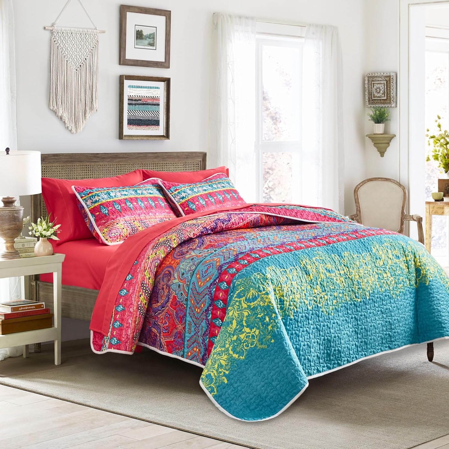 Juego de edredón bohemio colorido de 3 piezas, tamaño King, juego de ropa de cama con estampado bohemio a rayas rosa y verde azulado para verano,