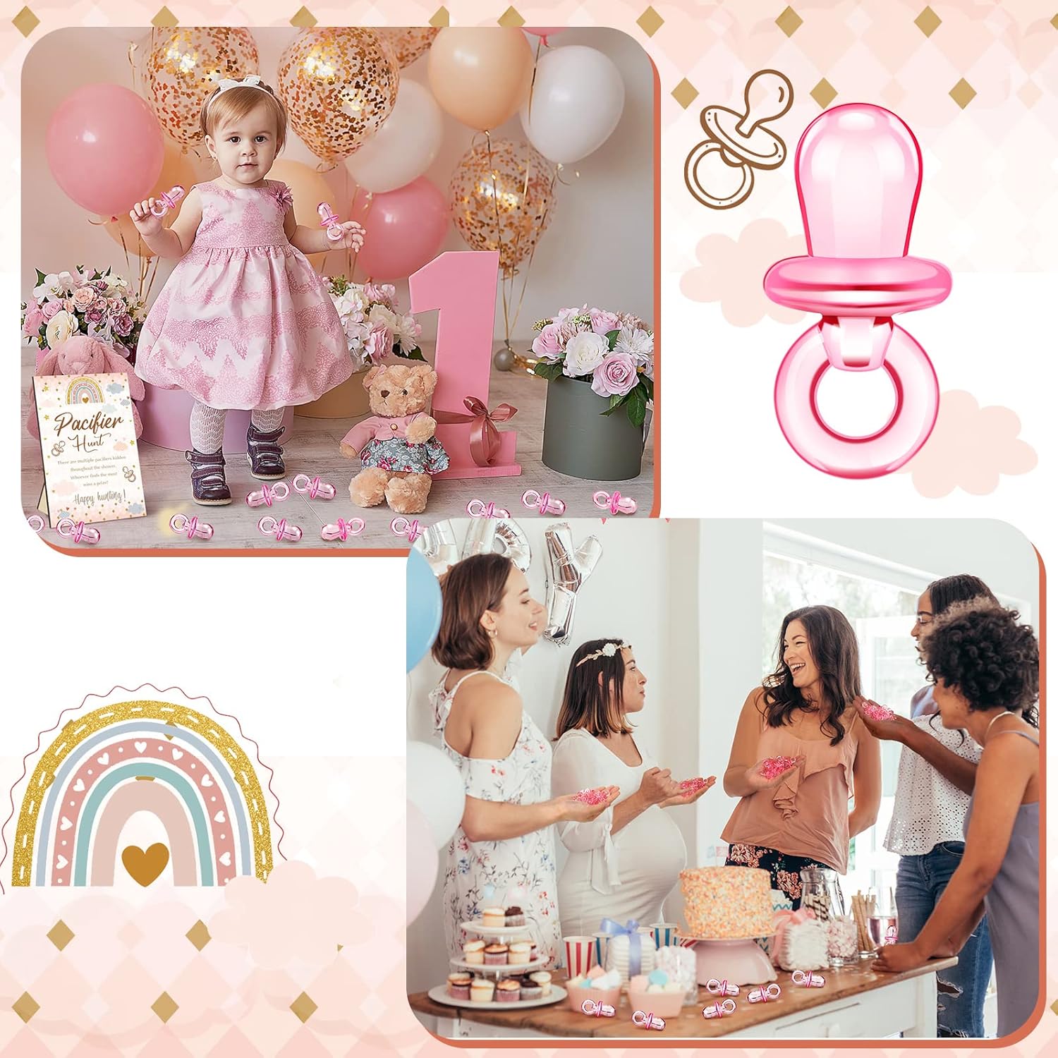 51 juegos geniales para baby shower, incluyen letrero de caza de chupete bohemio y 50 chupetes acrílicos para bebé, mini chupetes para temática