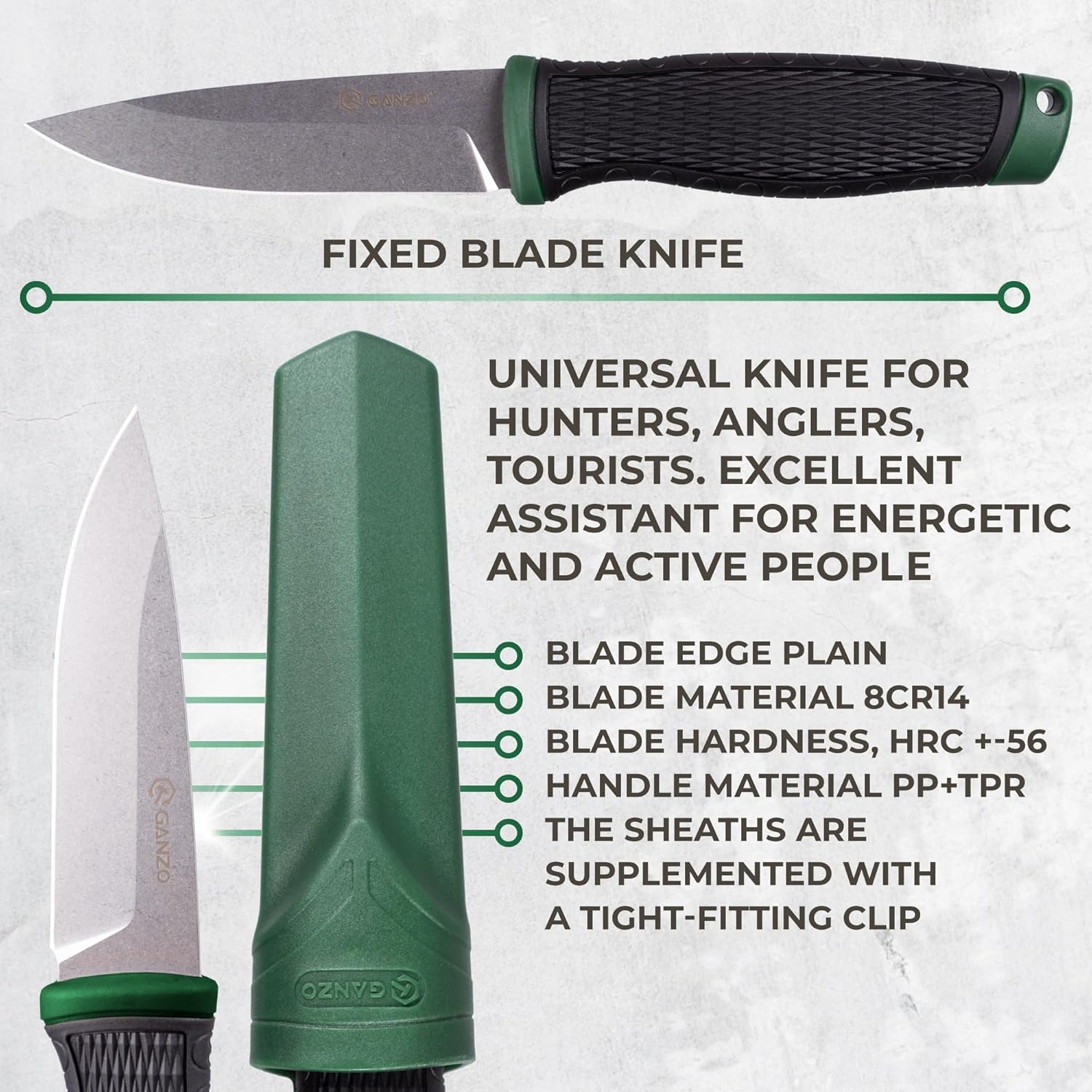 Ganzo G806-GB Cuchillo de hoja fija 8CR14 Hoja de acero inoxidable ergonómico Mango antideslizante Camping Caza Pesca al aire libre EDC Cuchillo con