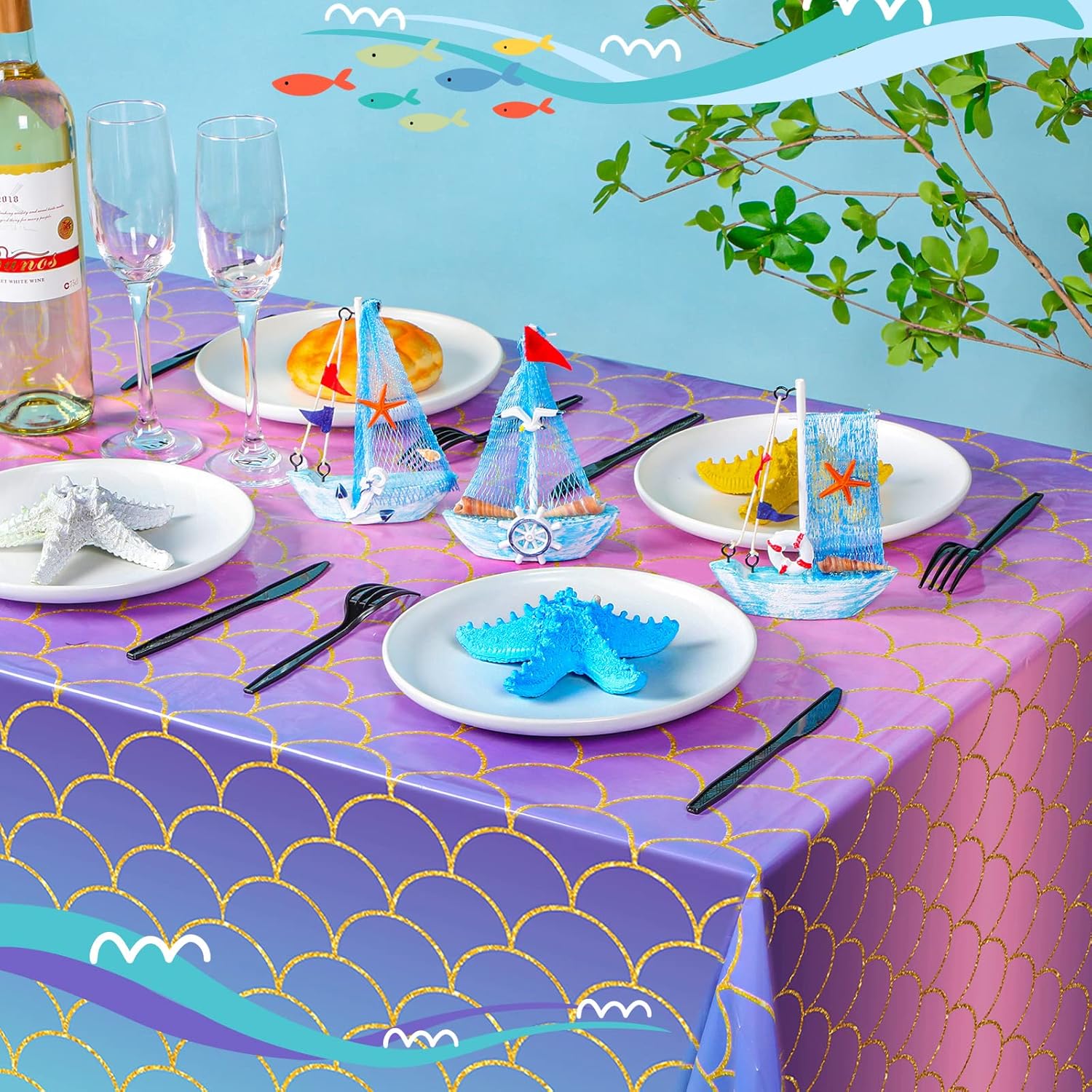 12 manteles de sirena para fiestas de cumpleaños, manteles de sirena, desechables, de plástico, para niñas, recuerdos de fiesta de cumpleaños con